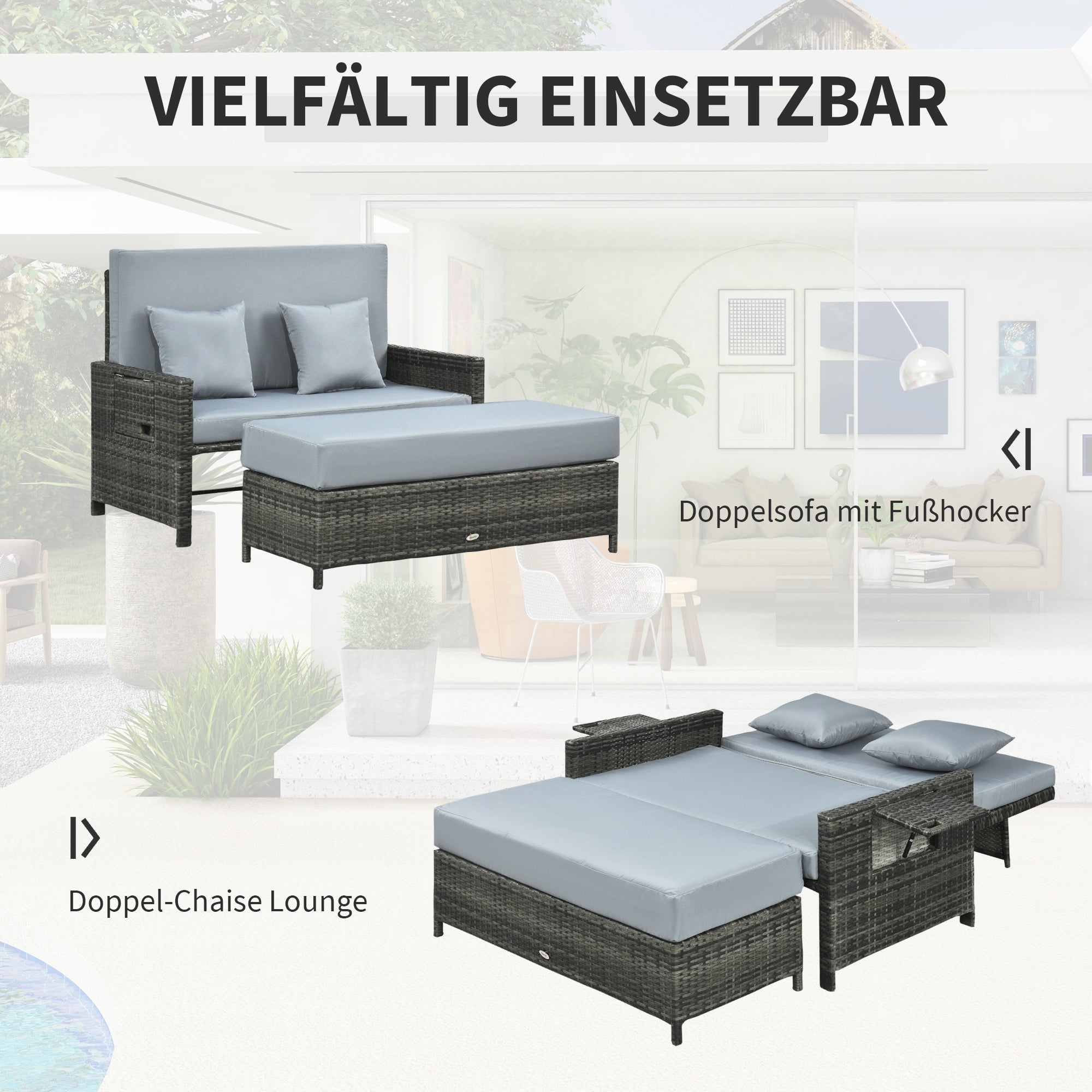 2-Piece Rattan Sun Lounger Set Weatherproof Garden Lounger with Armrest Cushion 5-Position Adjustable Backrest Footrest Supports up to 220kg Foldable Outdoor Garden Furniture for Pool, Beach Gray