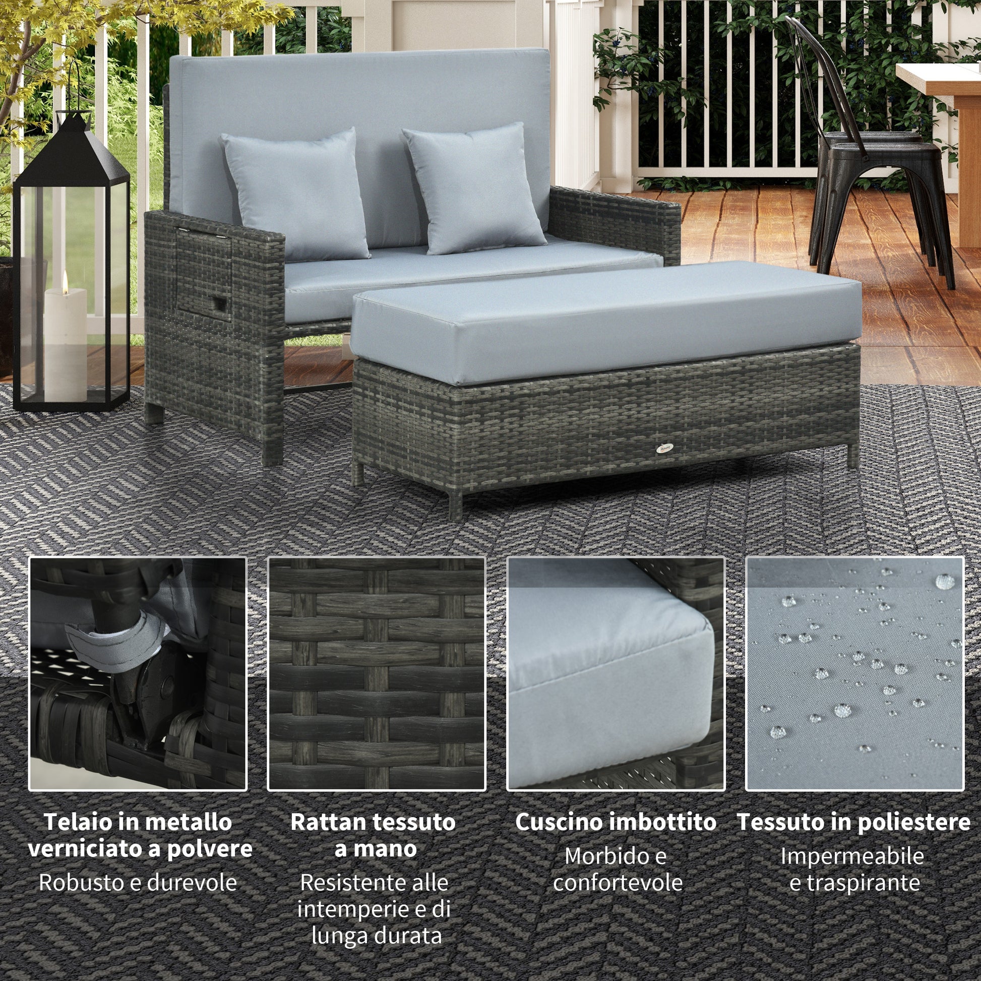 2-Piece Rattan Sun Lounger Set Weatherproof Garden Lounger with Armrest Cushion 5-Position Adjustable Backrest Footrest Supports up to 220kg Foldable Outdoor Garden Furniture for Pool, Beach Gray