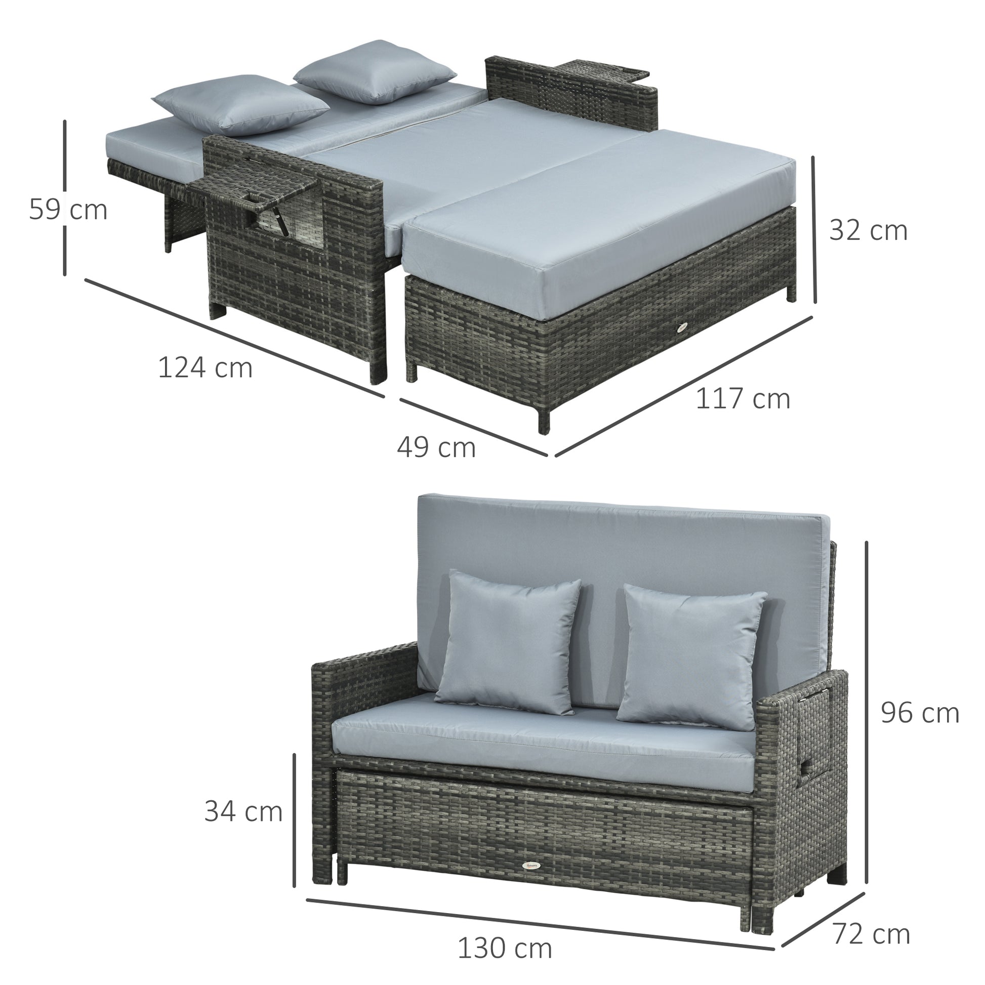 2-Piece Rattan Sun Lounger Set Weatherproof Garden Lounger with Armrest Cushion 5-Position Adjustable Backrest Footrest Supports up to 220kg Foldable Outdoor Garden Furniture for Pool, Beach Gray