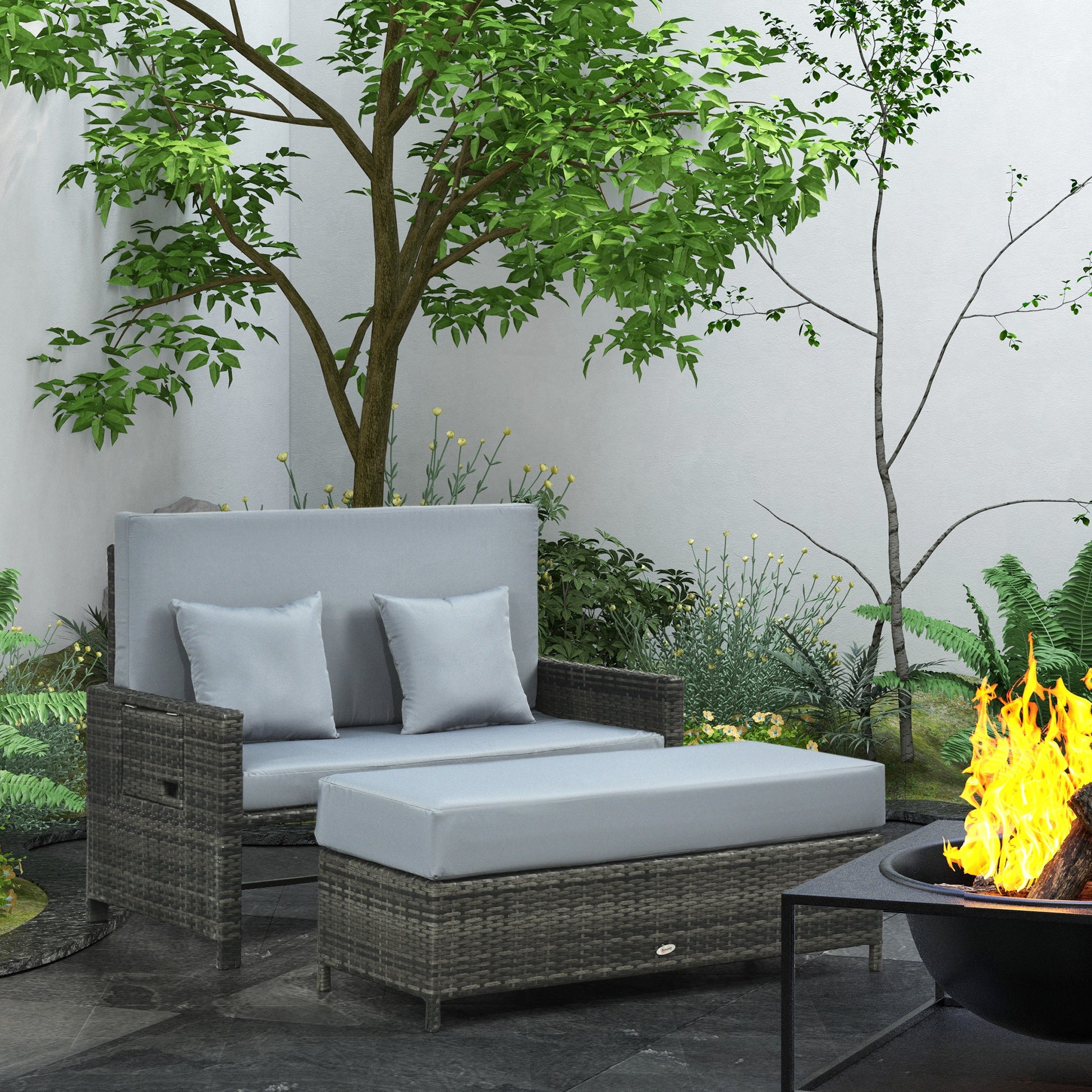 2-Piece Rattan Sun Lounger Set Weatherproof Garden Lounger with Armrest Cushion 5-Position Adjustable Backrest Footrest Supports up to 220kg Foldable Outdoor Garden Furniture for Pool, Beach Gray