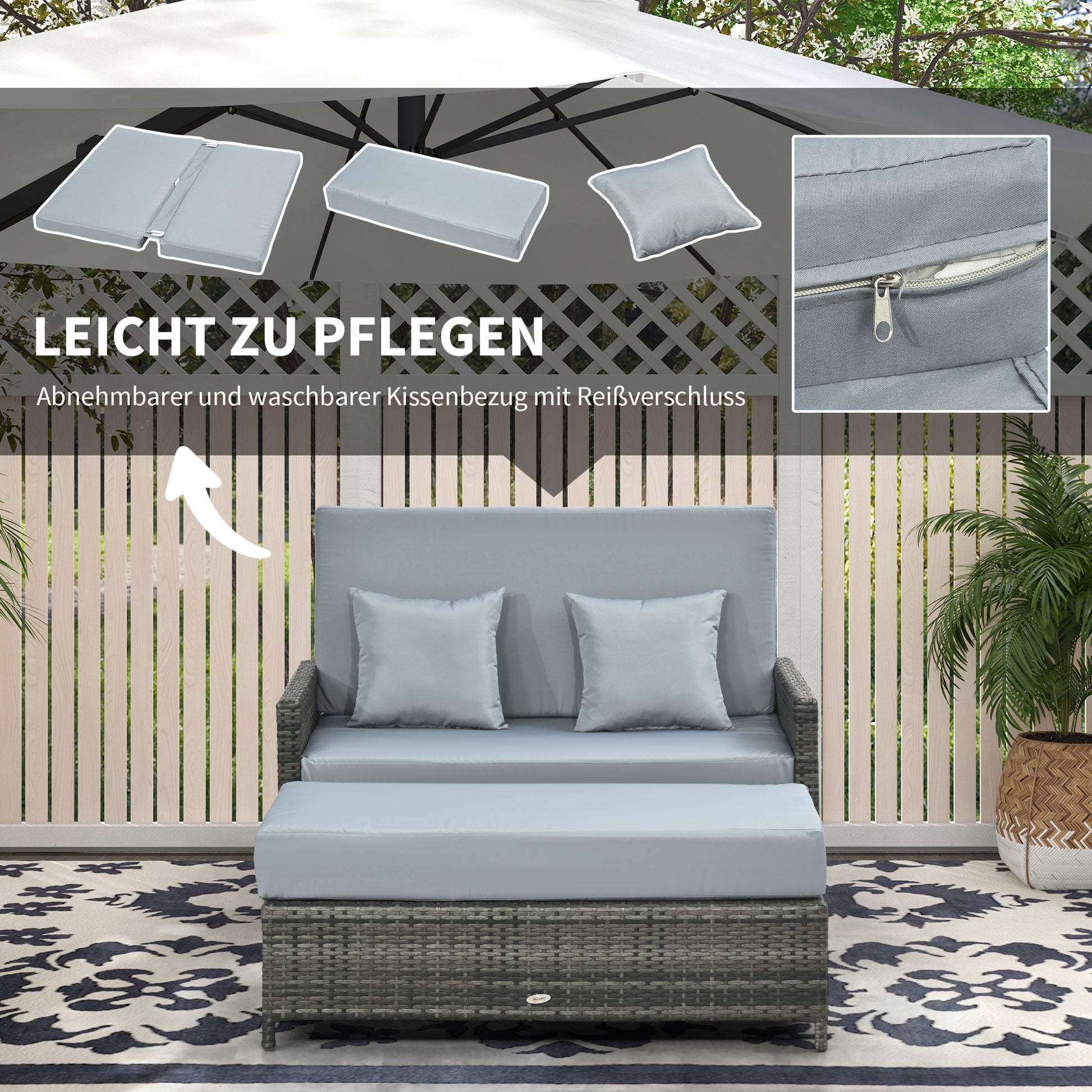 2-Piece Rattan Sun Lounger Set Weatherproof Garden Lounger with Armrest Cushion 5-Position Adjustable Backrest Footrest Supports up to 220kg Foldable Outdoor Garden Furniture for Pool, Beach Gray
