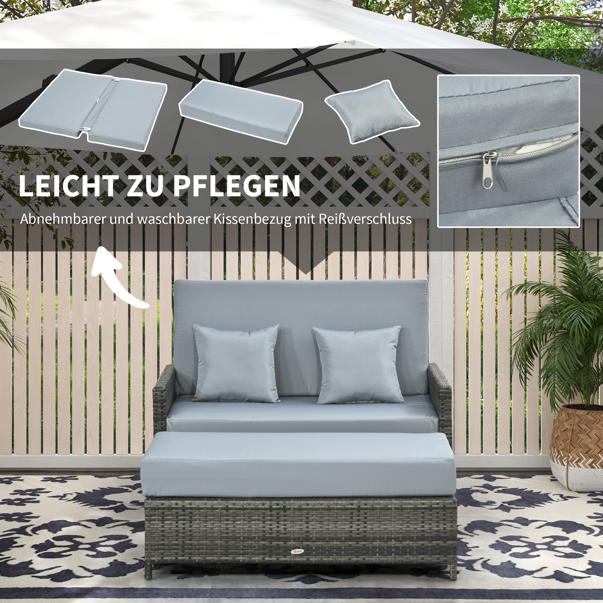 2-Piece Rattan Sun Lounger Set Weatherproof Garden Lounger with Armrest Cushion 5-Position Adjustable Backrest Footrest Supports up to 220kg Foldable Outdoor Garden Furniture for Pool, Beach Gray
