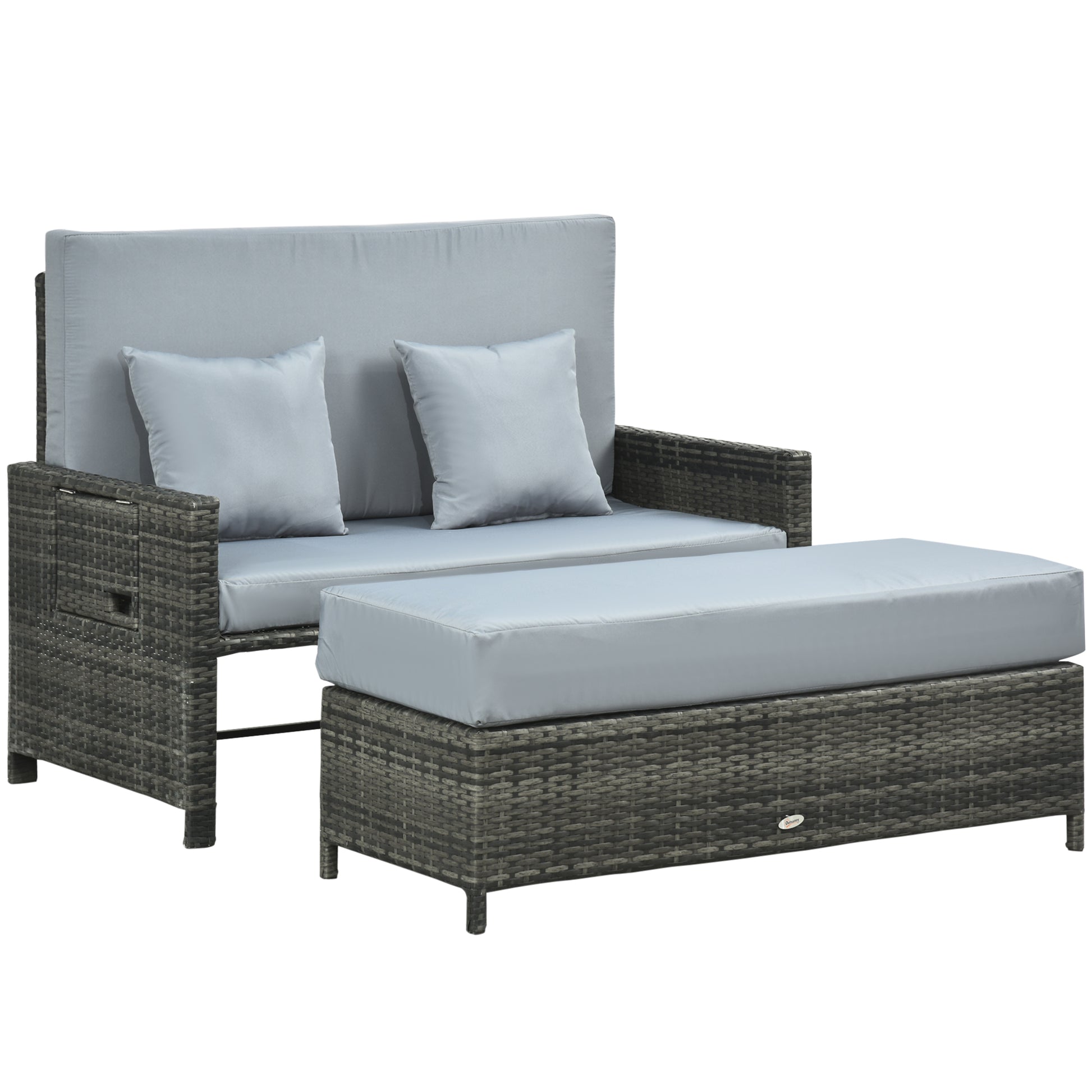 2-Piece Rattan Sun Lounger Set Weatherproof Garden Lounger with Armrest Cushion 5-Position Adjustable Backrest Footrest Supports up to 220kg Foldable Outdoor Garden Furniture for Pool, Beach Gray