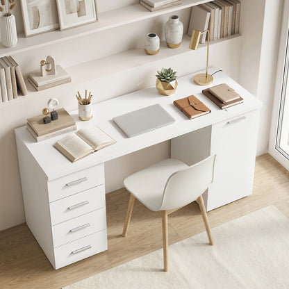 Computer Desk with 4 Drawers, 55.1 x 18.9 x 29.5 in Desk with Cabinet & Adjustable Shelf, Modern Office Desk for Office or Bedroom, White
