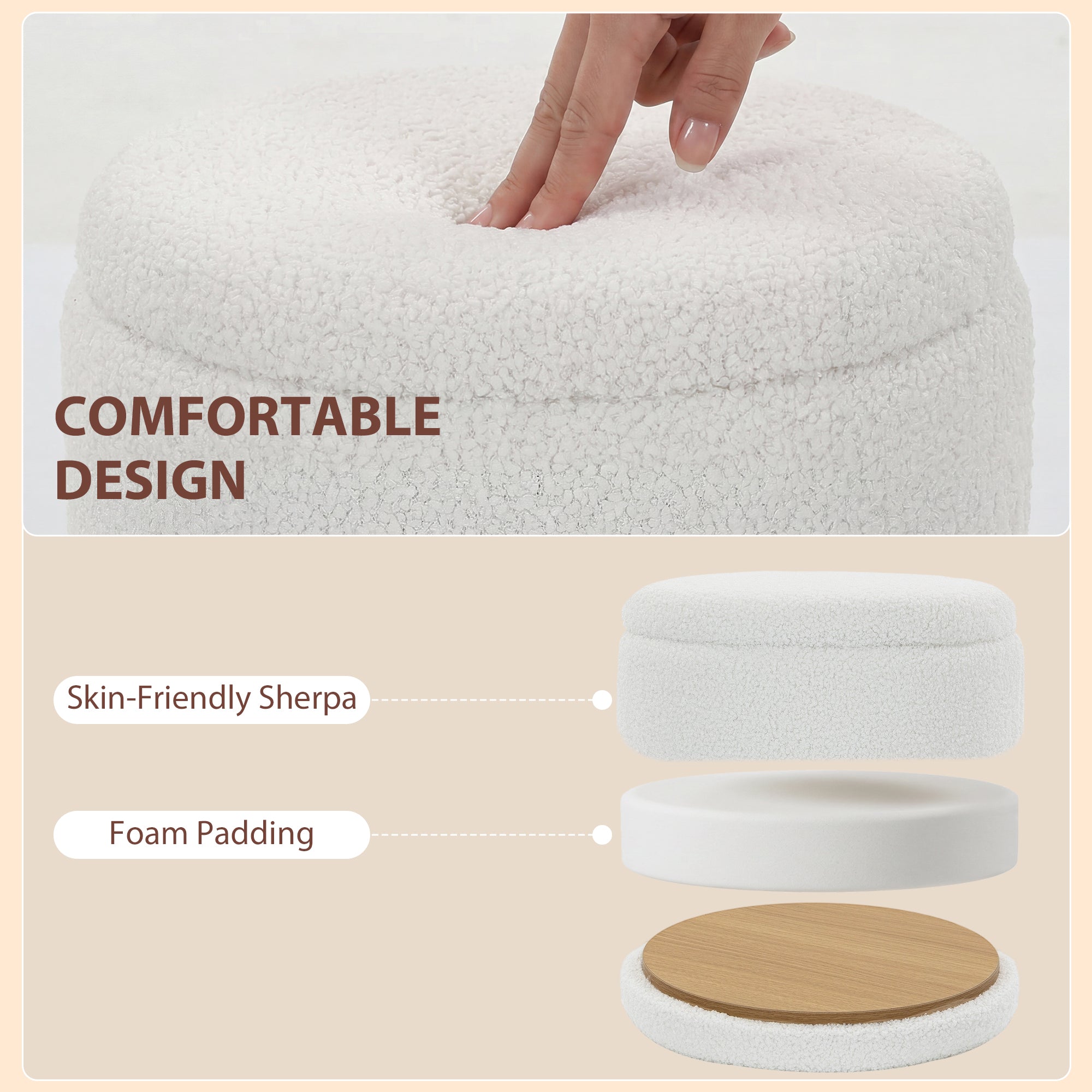 Sherpa Storage Ottoman with Lid, 265 lb Capacity — Modern Accent Stool for Living Room, Bedroom, Hallway, White