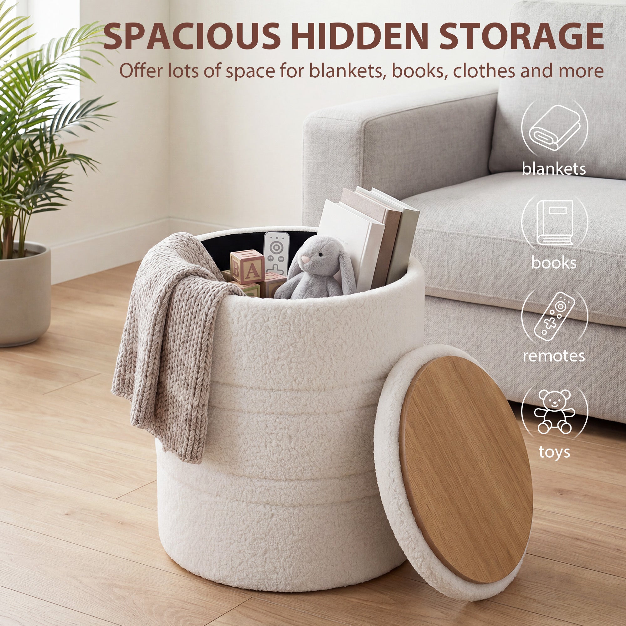 Sherpa Storage Ottoman with Lid, 265 lb Capacity — Modern Accent Stool for Living Room, Bedroom, Hallway, White