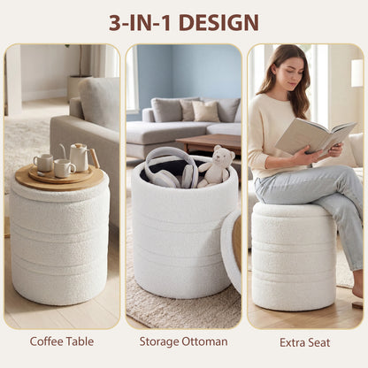 Sherpa Storage Ottoman with Lid, 265 lb Capacity — Modern Accent Stool for Living Room, Bedroom, Hallway, White