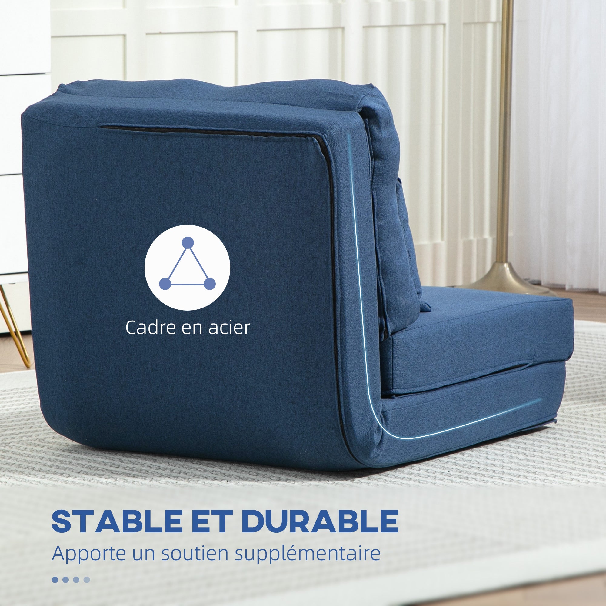 1-Seater Convertible Armchair Lazy Chair Bed Armchair - includes cushion, adjustable backrest - living room, 120 kg load, dark blue linen fabric