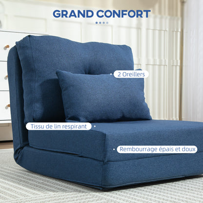 1-Seater Convertible Armchair Lazy Chair Bed Armchair - includes cushion, adjustable backrest - living room, 120 kg load, dark blue linen fabric