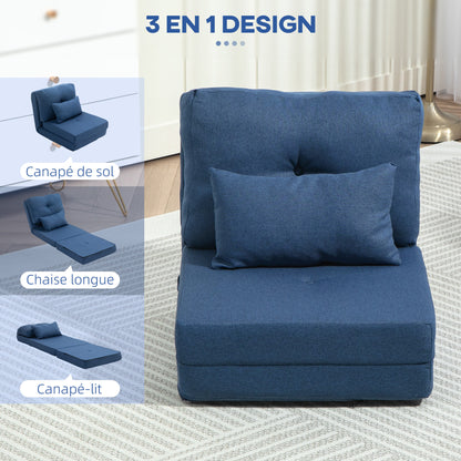 1-Seater Convertible Armchair Lazy Chair Bed Armchair - includes cushion, adjustable backrest - living room, 120 kg load, dark blue linen fabric