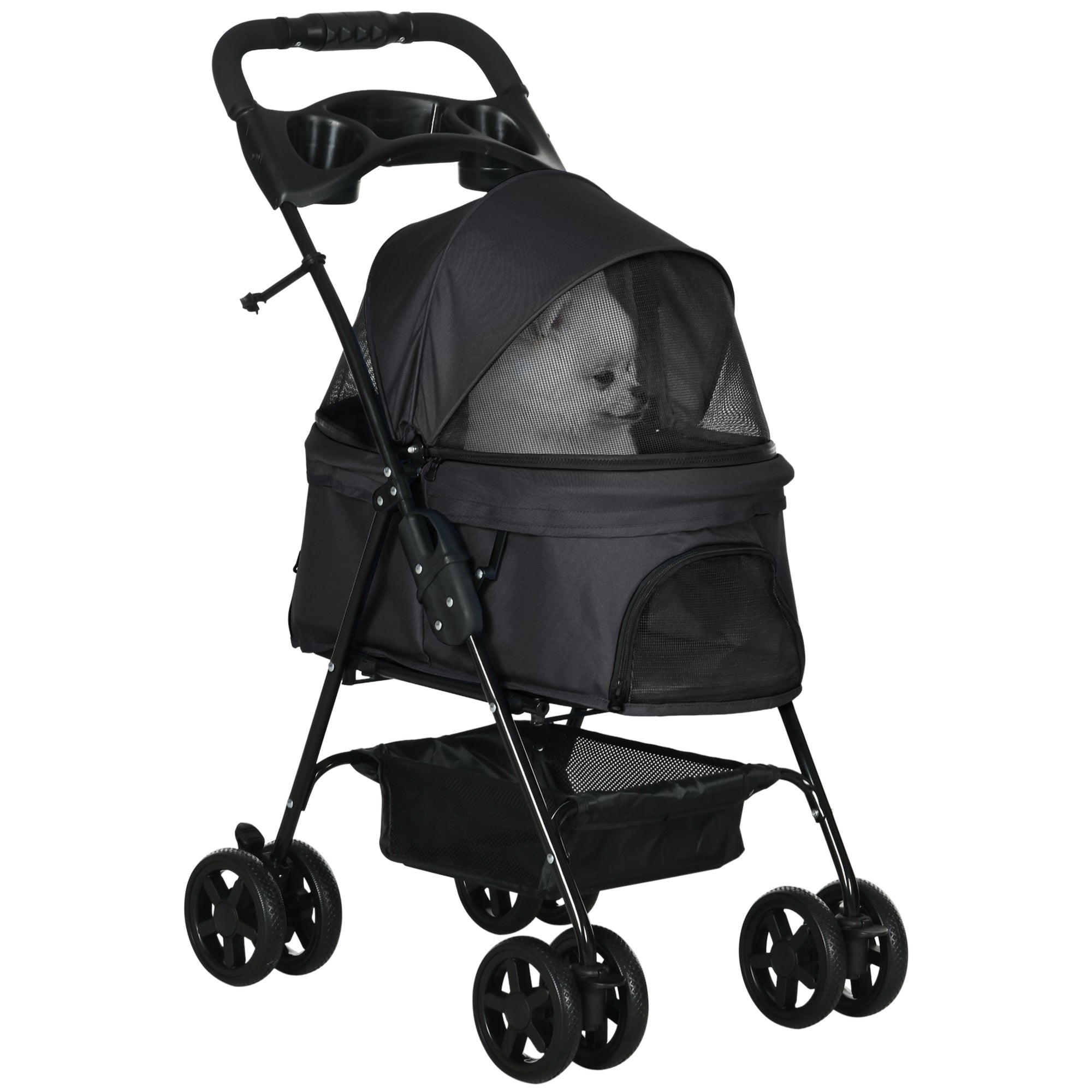 Foldable Pet Stroller for Small Dogs with Universal Wheels Storage Basket Safety Straps and Window Capacity 15 kg 67x45x96 cm Black