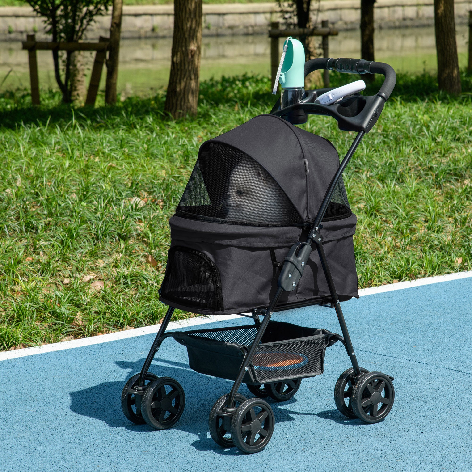 Foldable Pet Stroller for Small Dogs with Universal Wheels Storage Basket Safety Straps and Window Capacity 15 kg 67x45x96 cm Black