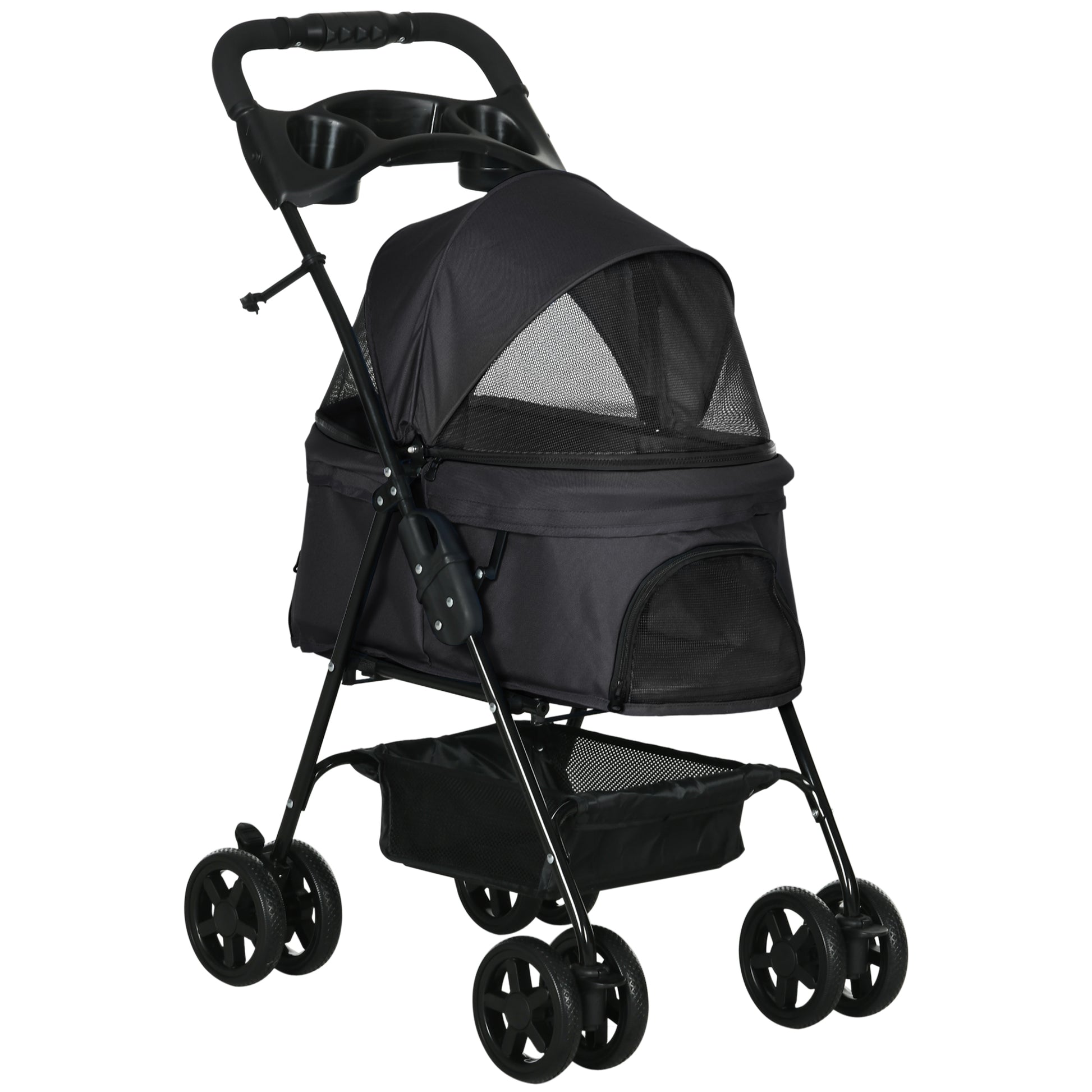 Foldable Pet Stroller for Small Dogs with Universal Wheels Storage Basket Safety Straps and Window Capacity 15 kg 67x45x96 cm Black