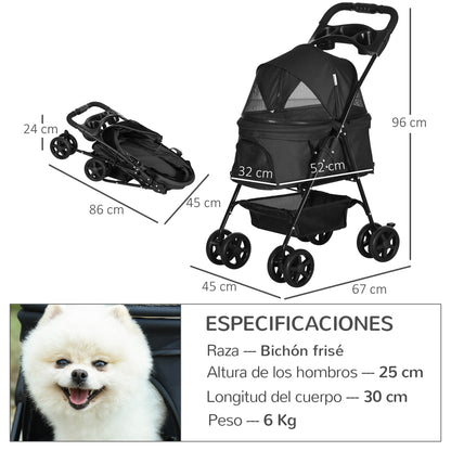 Foldable Pet Stroller for Small Dogs with Universal Wheels Storage Basket Safety Straps and Window Capacity 15 kg 67x45x96 cm Black