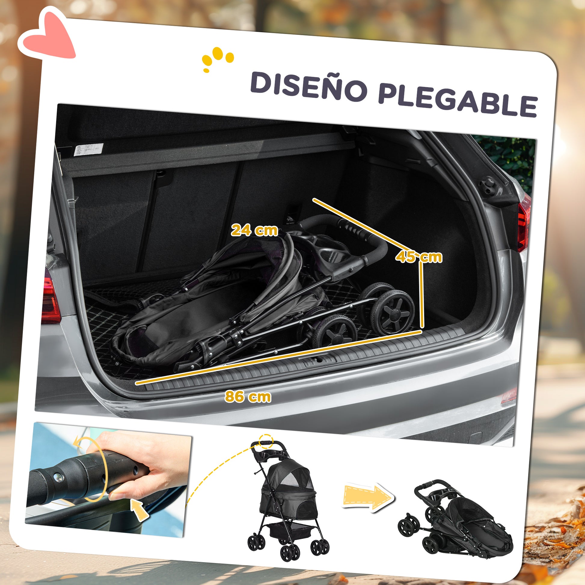 Foldable Pet Stroller for Small Dogs with Universal Wheels Storage Basket Safety Straps and Window Capacity 15 kg 67x45x96 cm Black