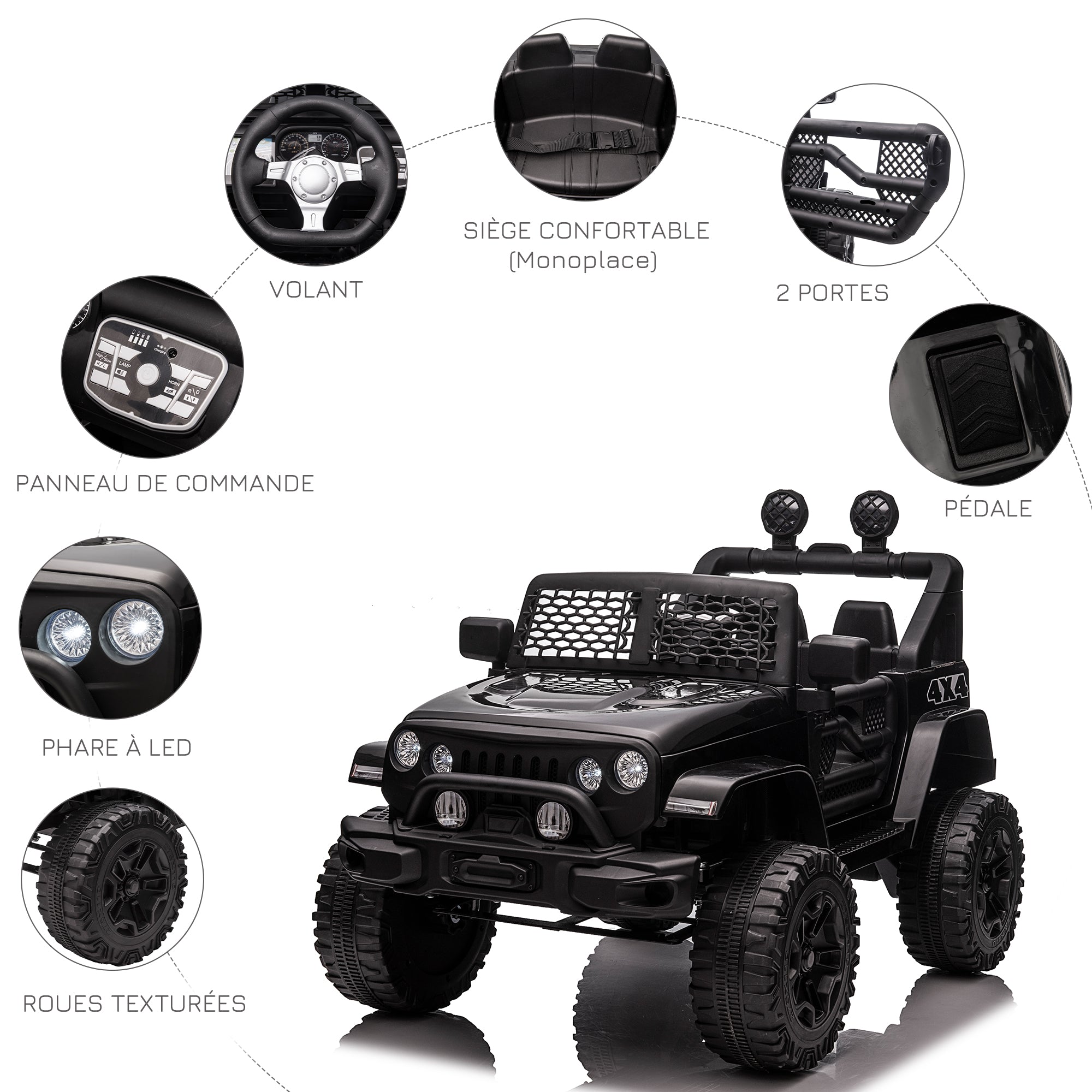 12V Electric 4x4 Car for Children with Remote Control Headlights and Horn - 3-6 Years - Black