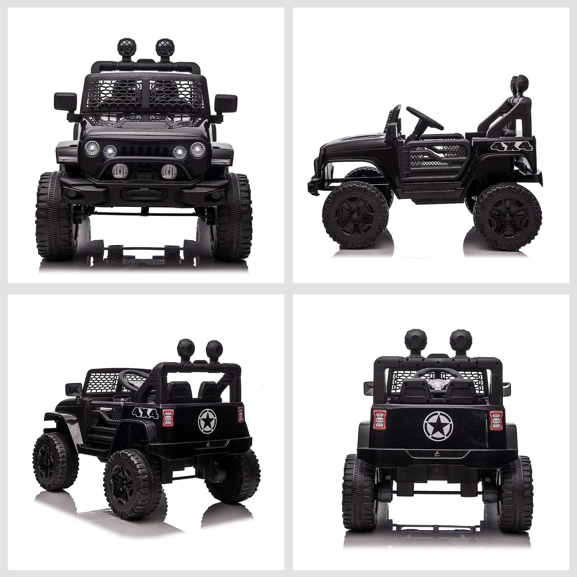12V Electric 4x4 Car for Children with Remote Control Headlights and Horn - 3-6 Years - Black