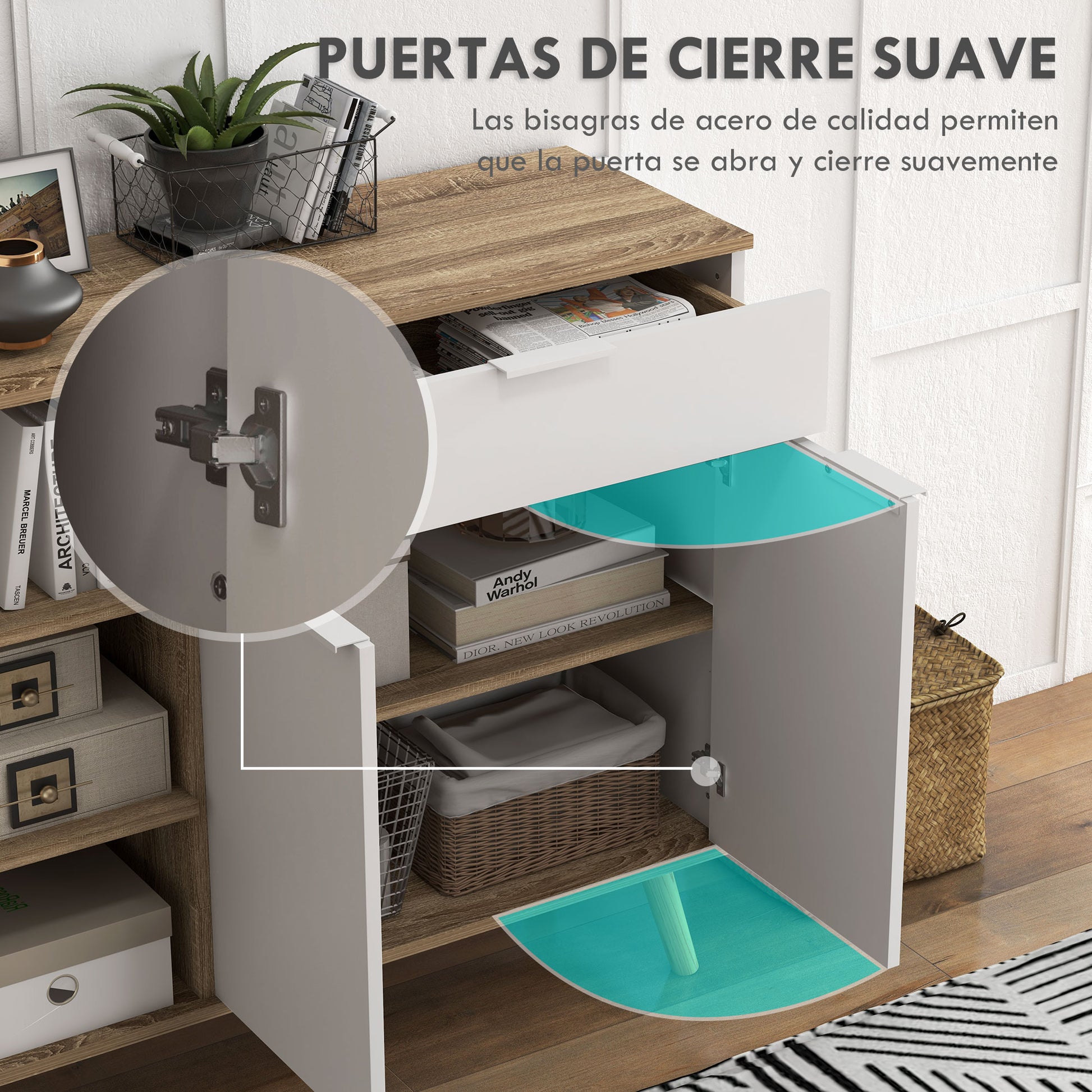 Modern Living Room Sideboard Kitchen Sideboard with 1 Drawer 2 Soft-Close Doors and Adjustable Shelves for Dining Room Hallway Bedroom 95x35x85 cm White and Natural