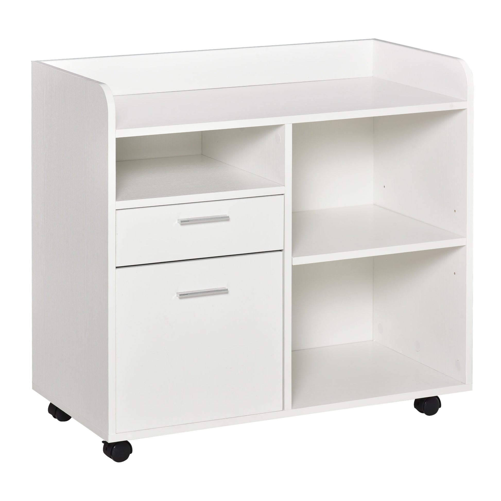 Printer Stand Multifunctional Office Cart with 3 Compartments 2 File Drawers Adjustable Shelf Wheels with 2 Brakes 80x40x72 cm White