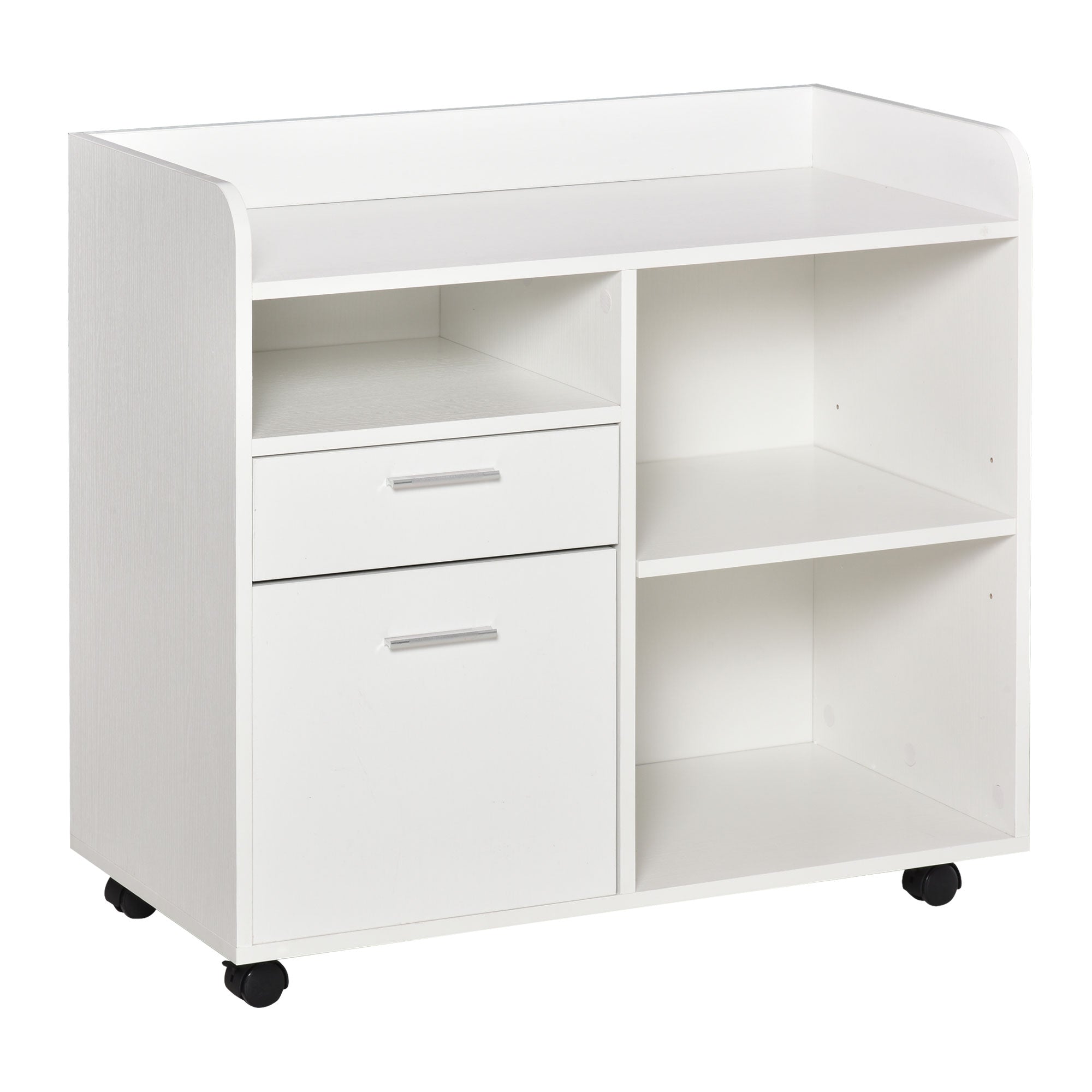Printer Stand Multifunctional Office Cart with 3 Compartments 2 File Drawers Adjustable Shelf Wheels with 2 Brakes 80x40x72 cm White