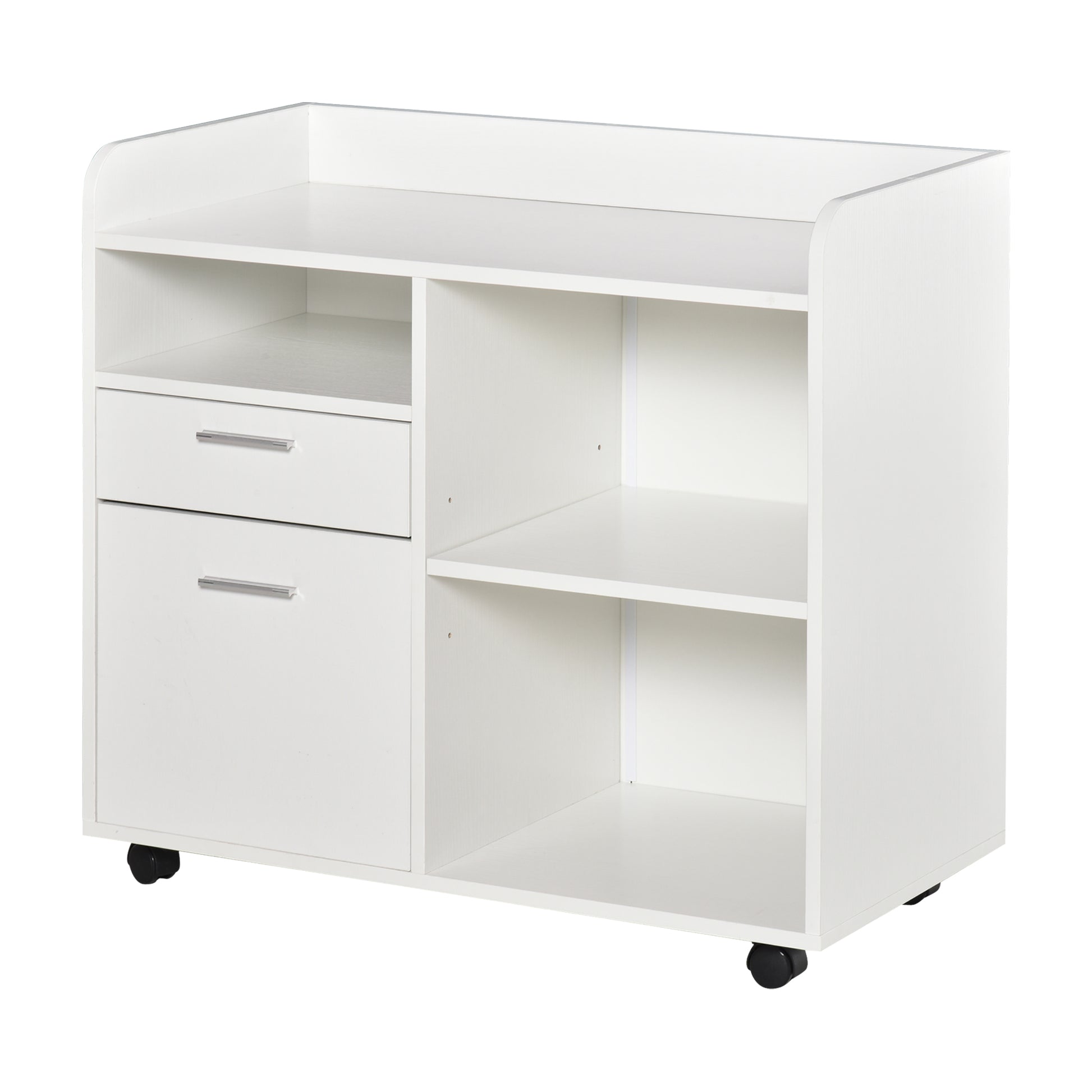 Printer Stand Multifunctional Office Cart with 3 Compartments 2 File Drawers Adjustable Shelf Wheels with 2 Brakes 80x40x72 cm White