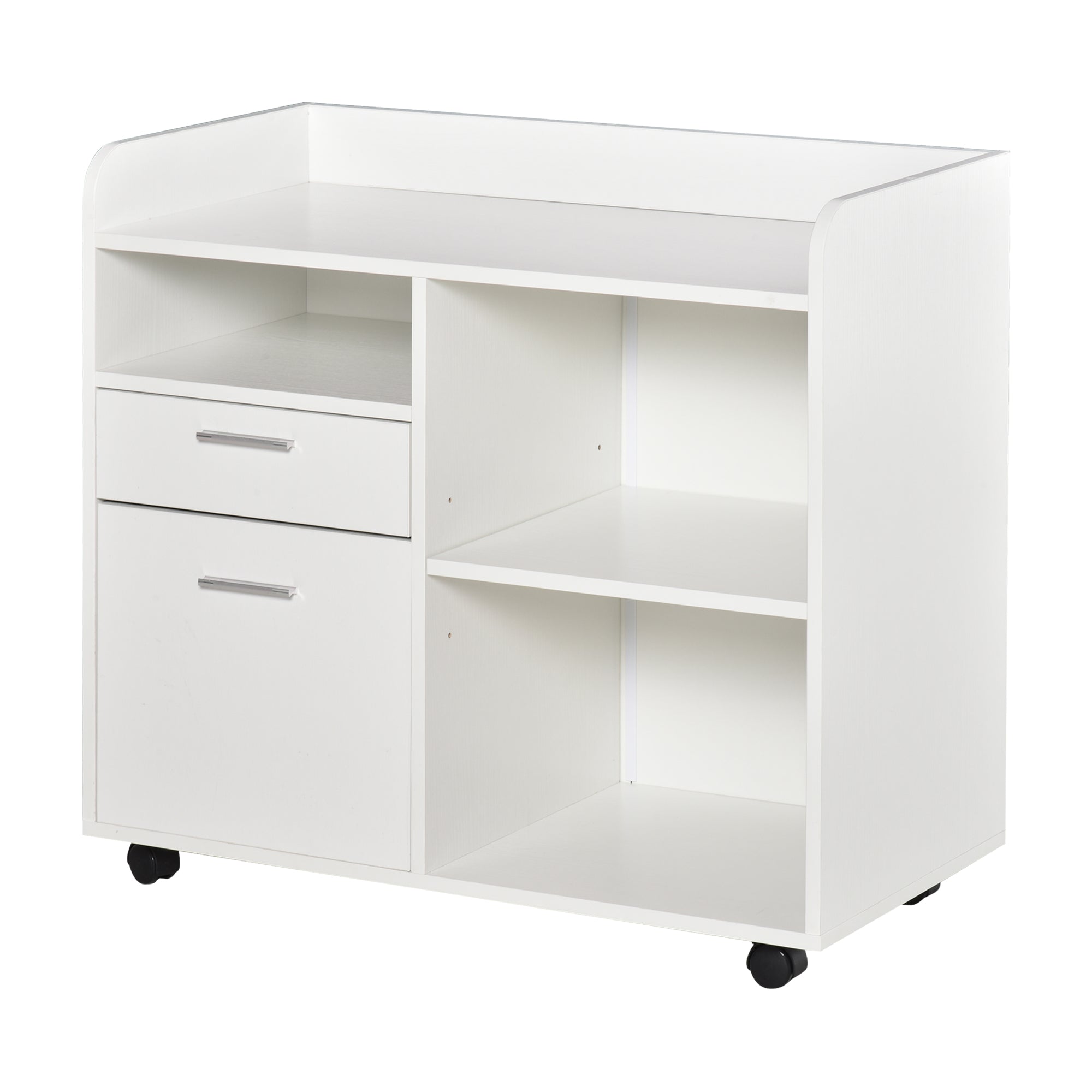 Printer Stand Multifunctional Office Cart with 3 Compartments 2 File Drawers Adjustable Shelf Wheels with 2 Brakes 80x40x72 cm White