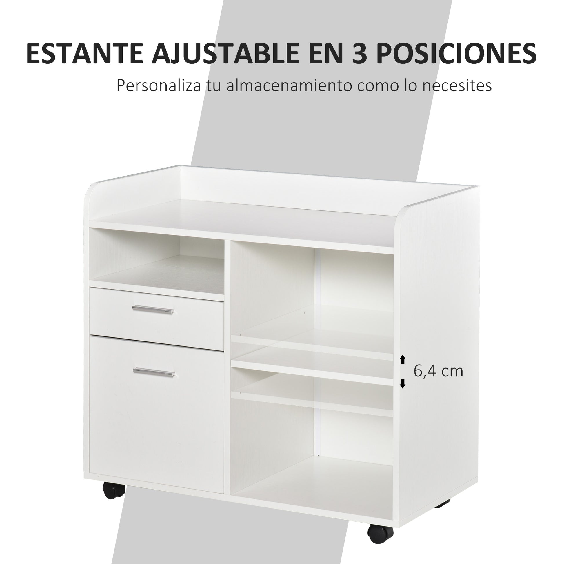 Printer Stand Multifunctional Office Cart with 3 Compartments 2 File Drawers Adjustable Shelf Wheels with 2 Brakes 80x40x72 cm White