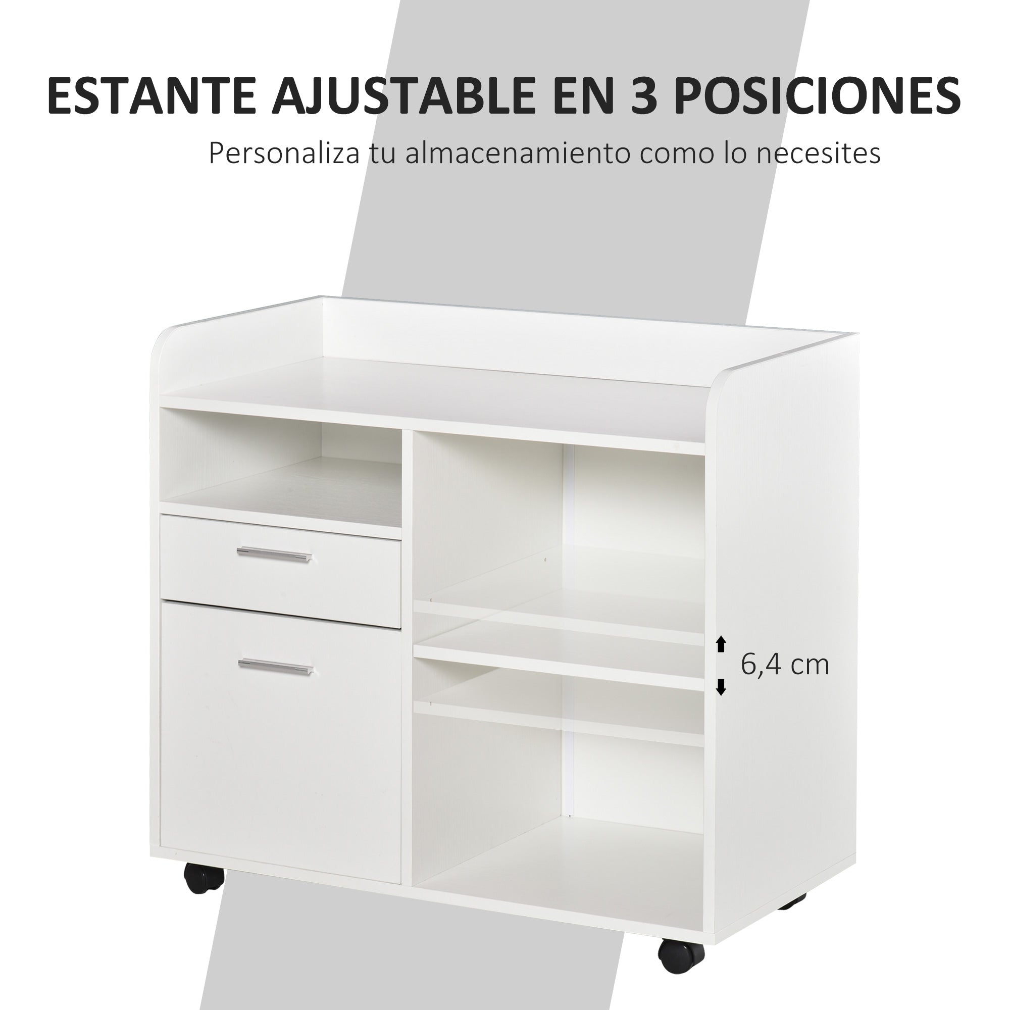 Printer Stand Multifunctional Office Cart with 3 Compartments 2 File Drawers Adjustable Shelf Wheels with 2 Brakes 80x40x72 cm White