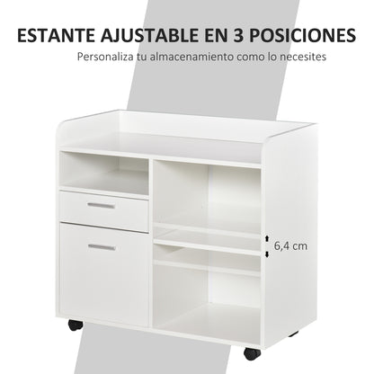 Printer Stand Multifunctional Office Cart with 3 Compartments 2 File Drawers Adjustable Shelf Wheels with 2 Brakes 80x40x72 cm White