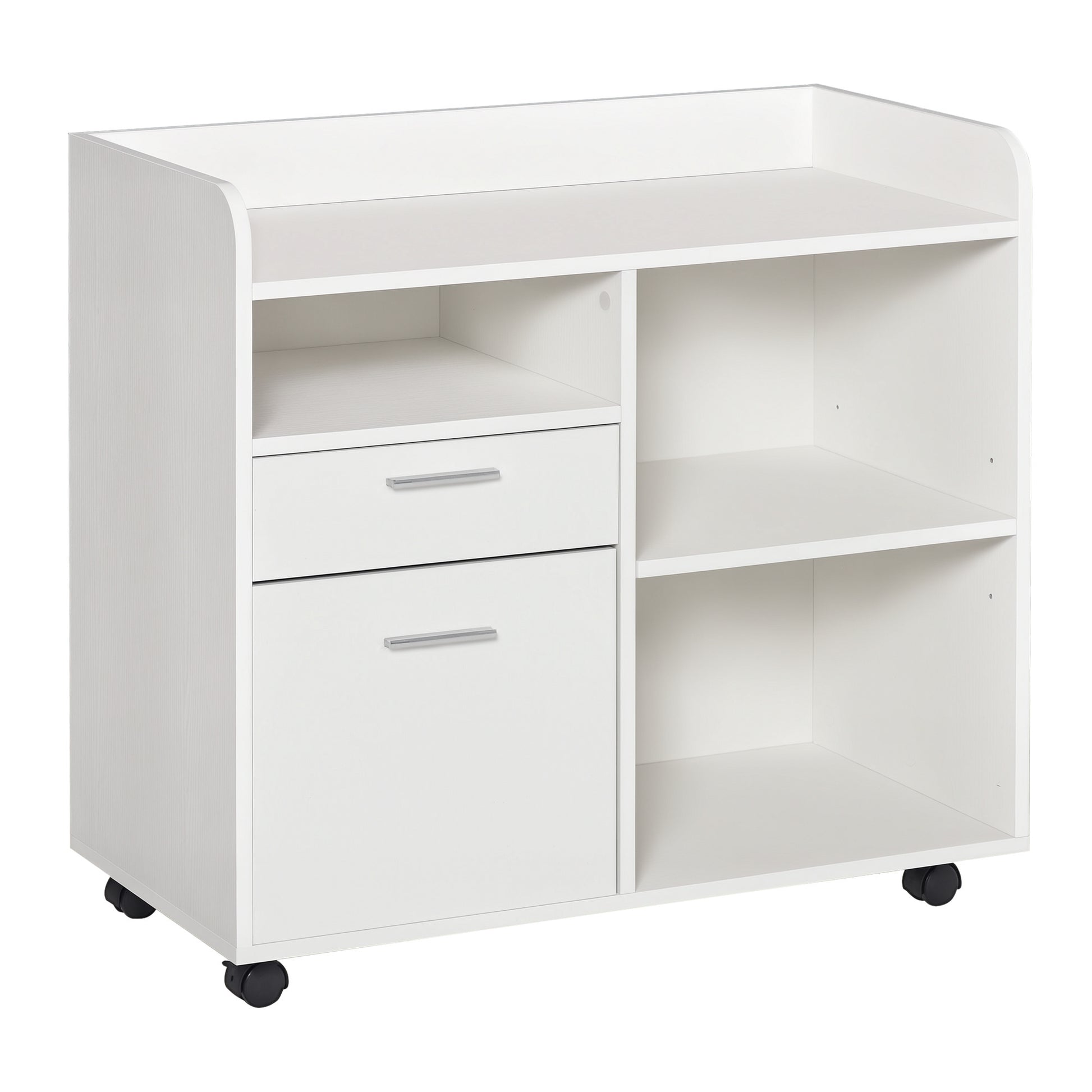 Printer Stand Multifunctional Office Cart with 3 Compartments 2 File Drawers Adjustable Shelf Wheels with 2 Brakes 80x40x72 cm White