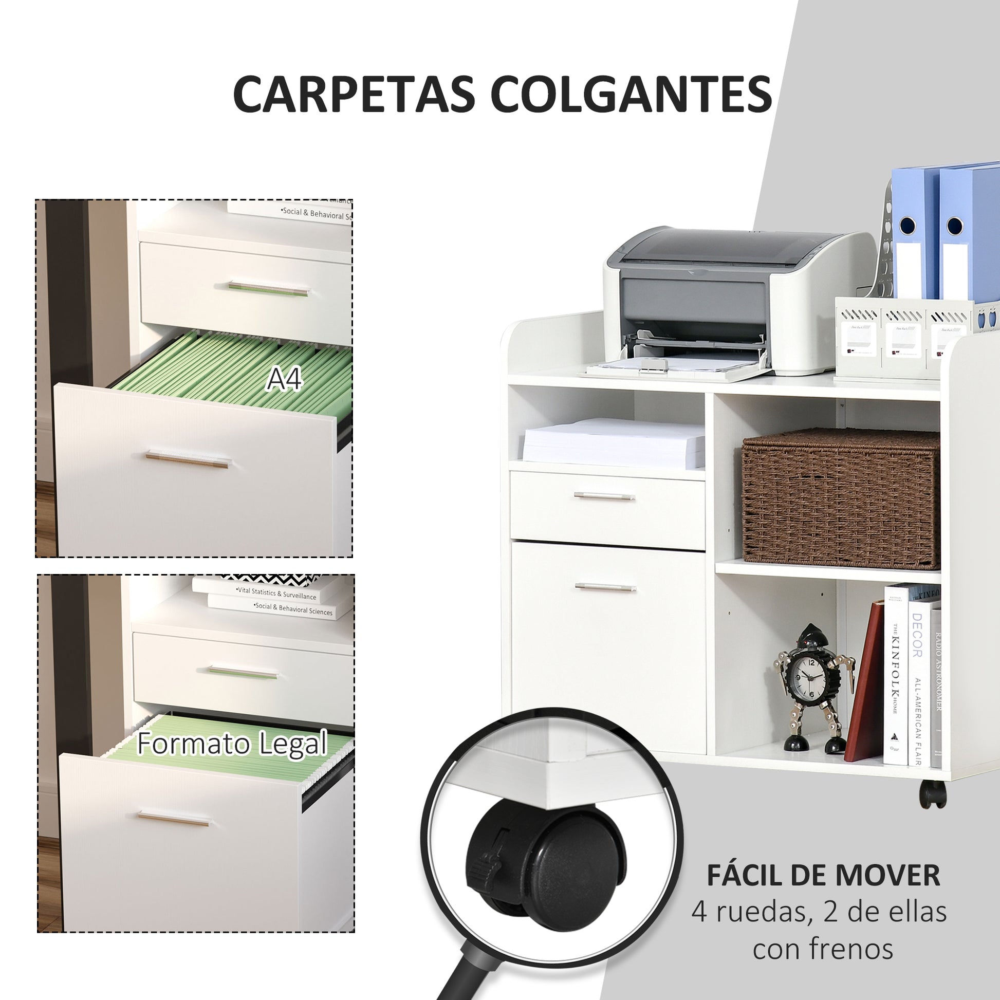 Printer Stand Multifunctional Office Cart with 3 Compartments 2 File Drawers Adjustable Shelf Wheels with 2 Brakes 80x40x72 cm White