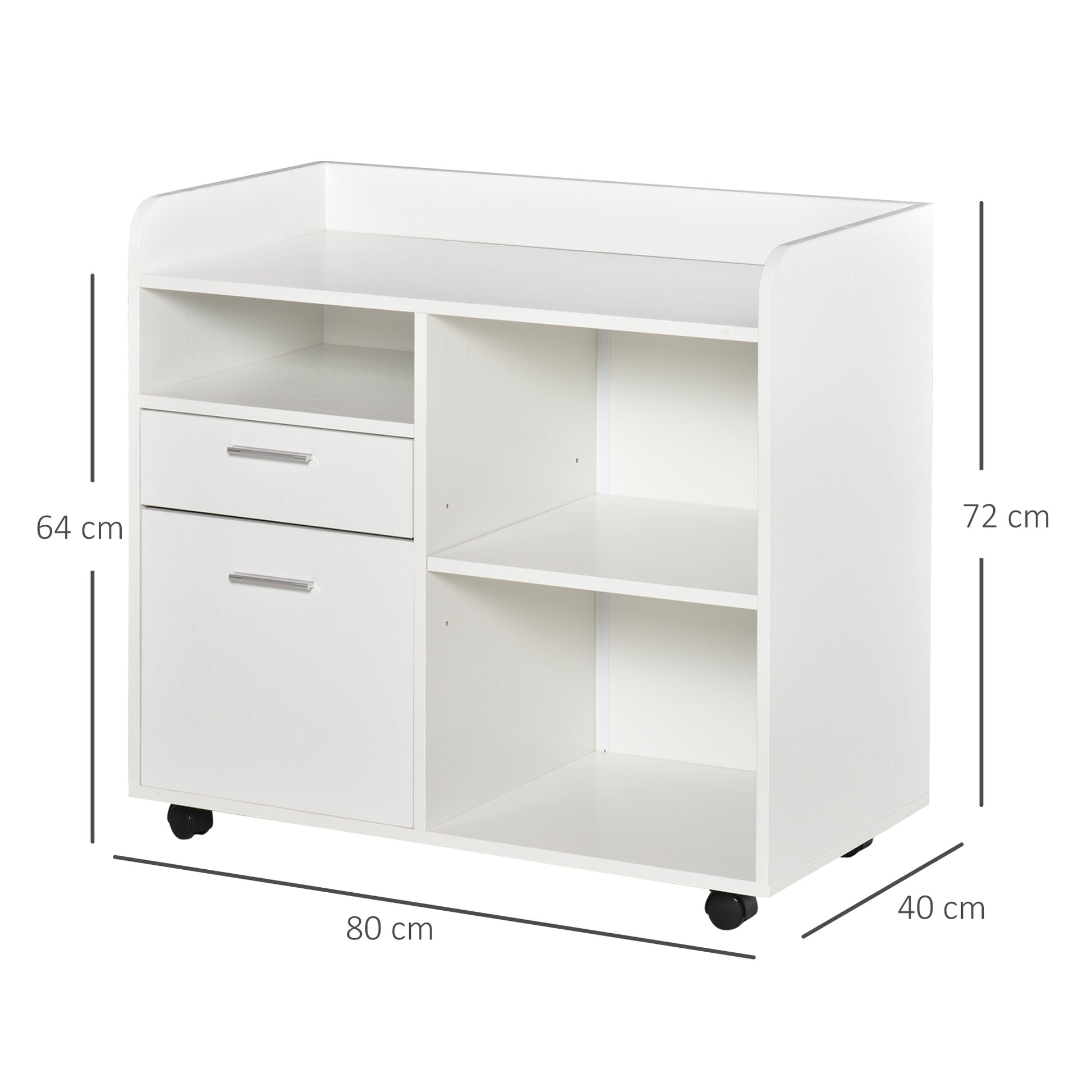 Printer Stand Multifunctional Office Cart with 3 Compartments 2 File Drawers Adjustable Shelf Wheels with 2 Brakes 80x40x72 cm White