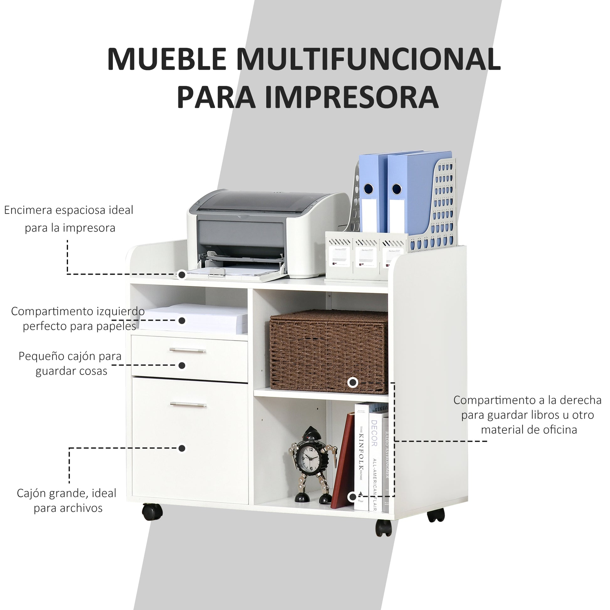Printer Stand Multifunctional Office Cart with 3 Compartments 2 File Drawers Adjustable Shelf Wheels with 2 Brakes 80x40x72 cm White