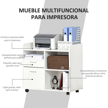 Printer Stand Multifunctional Office Cart with 3 Compartments 2 File Drawers Adjustable Shelf Wheels with 2 Brakes 80x40x72 cm White