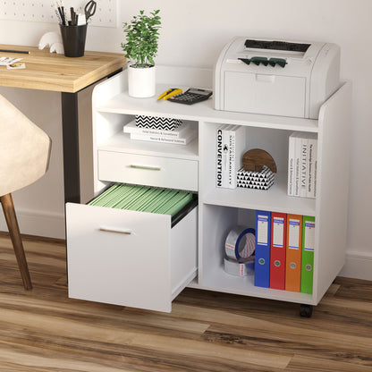 Printer Stand Multifunctional Office Cart with 3 Compartments 2 File Drawers Adjustable Shelf Wheels with 2 Brakes 80x40x72 cm White