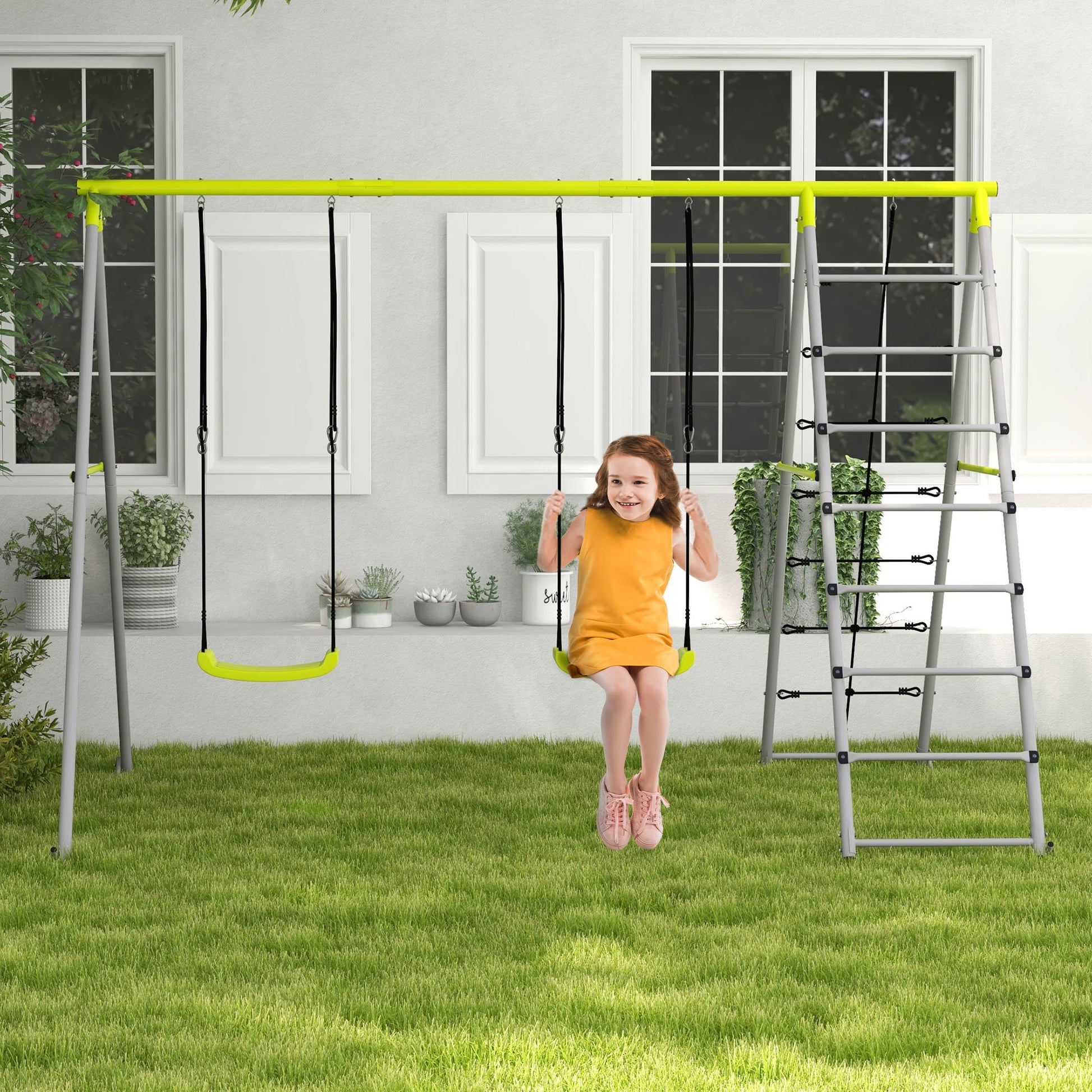 Children's Swing Set Swing Frame made of Metal, Swing Structure with Double Swing, Climbing Net, Rung Ladder, Garden Swing for Children 3-8 years, Steel, Green