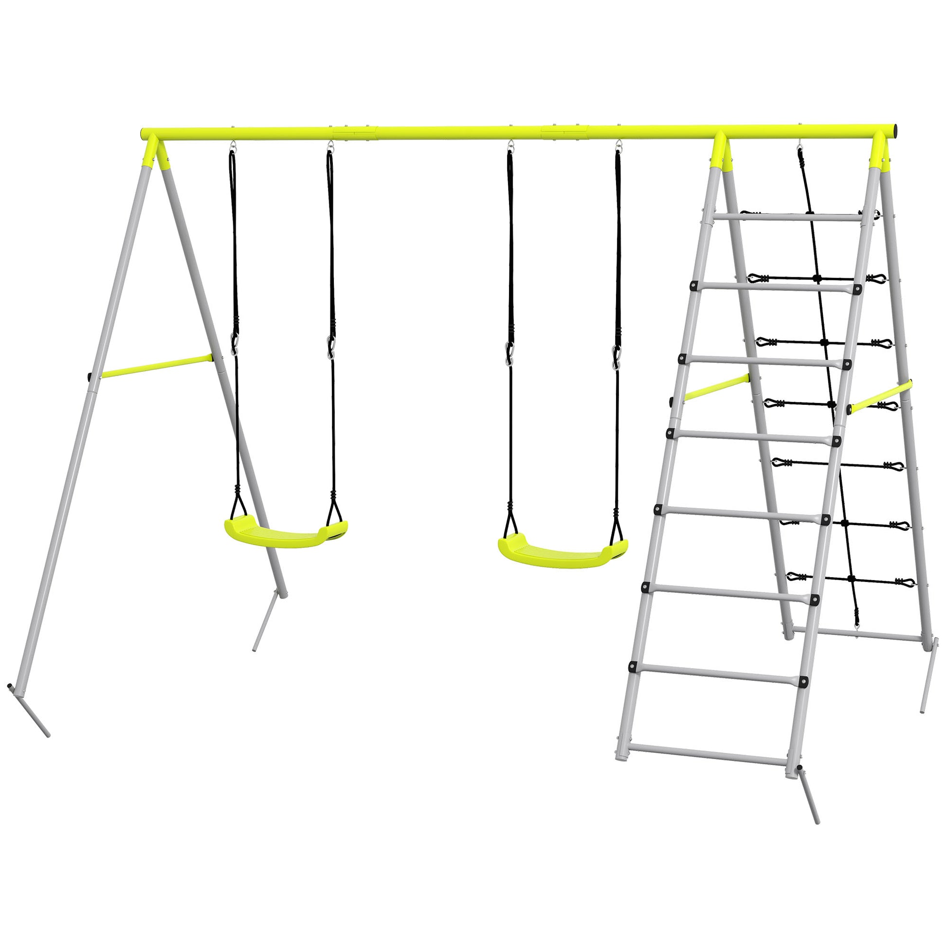 Children's Swing Set Swing Frame made of Metal, Swing Structure with Double Swing, Climbing Net, Rung Ladder, Garden Swing for Children 3-8 years, Steel, Green