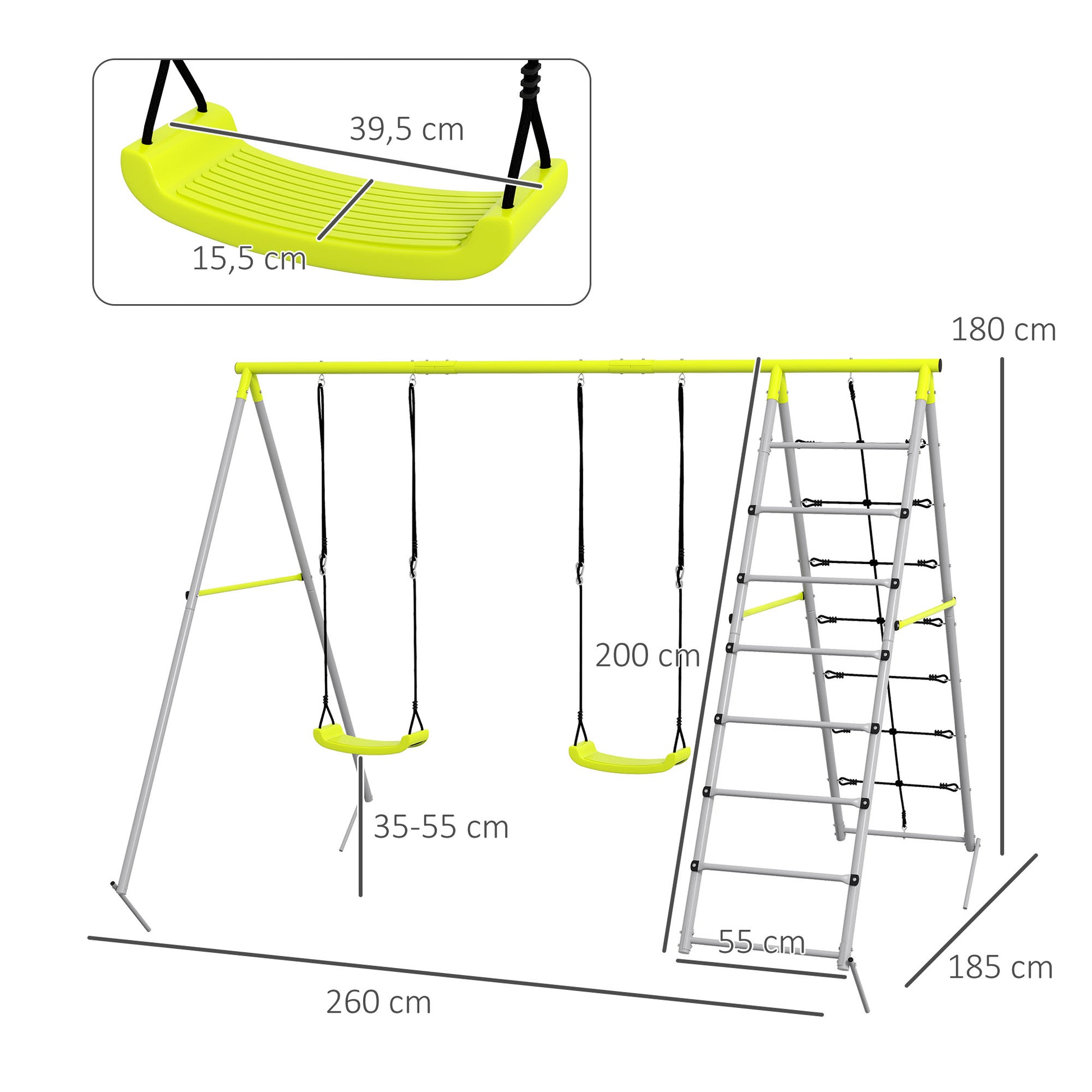 Children's Swing Set Swing Frame made of Metal, Swing Structure with Double Swing, Climbing Net, Rung Ladder, Garden Swing for Children 3-8 years, Steel, Green