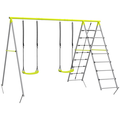 Children's Swing Set Swing Frame made of Metal, Swing Structure with Double Swing, Climbing Net, Rung Ladder, Garden Swing for Children 3-8 years, Steel, Green