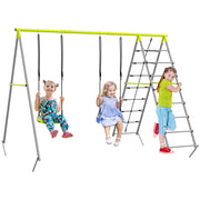 Children's Swing Set Swing Frame made of Metal, Swing Structure with Double Swing, Climbing Net, Rung Ladder, Garden Swing for Children 3-8 years, Steel, Green