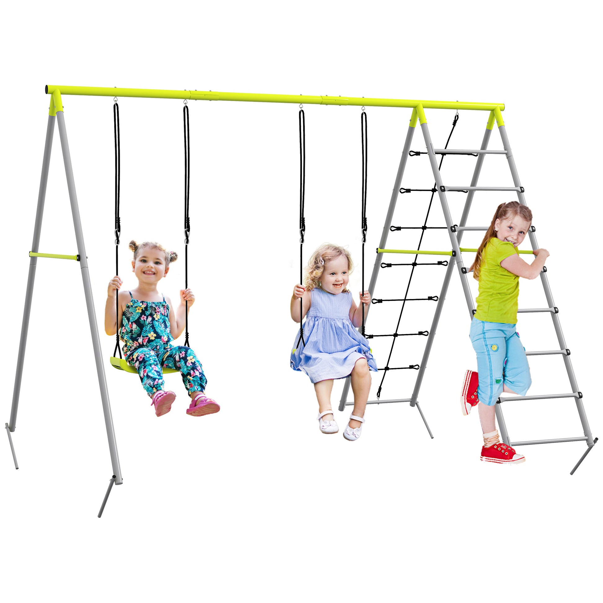 Children's Swing Set Swing Frame made of Metal, Swing Structure with Double Swing, Climbing Net, Rung Ladder, Garden Swing for Children 3-8 years, Steel, Green