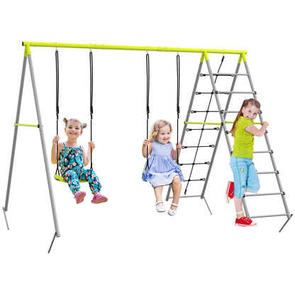 Children's Swing Set Swing Frame made of Metal, Swing Structure with Double Swing, Climbing Net, Rung Ladder, Garden Swing for Children 3-8 years, Steel, Green