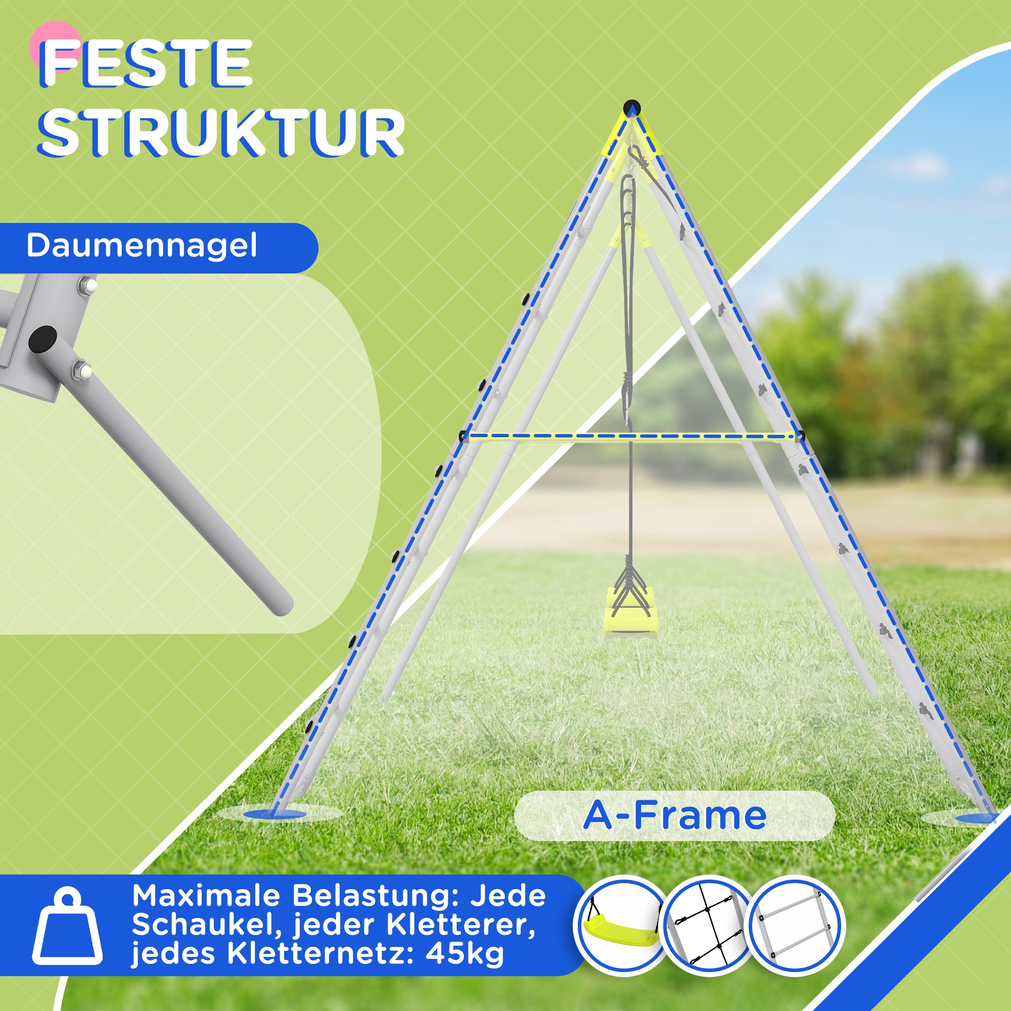 Children's Swing Set Swing Frame made of Metal, Swing Structure with Double Swing, Climbing Net, Rung Ladder, Garden Swing for Children 3-8 years, Steel, Green