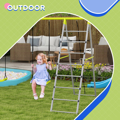 Children's Swing Set Swing Frame made of Metal, Swing Structure with Double Swing, Climbing Net, Rung Ladder, Garden Swing for Children 3-8 years, Steel, Green