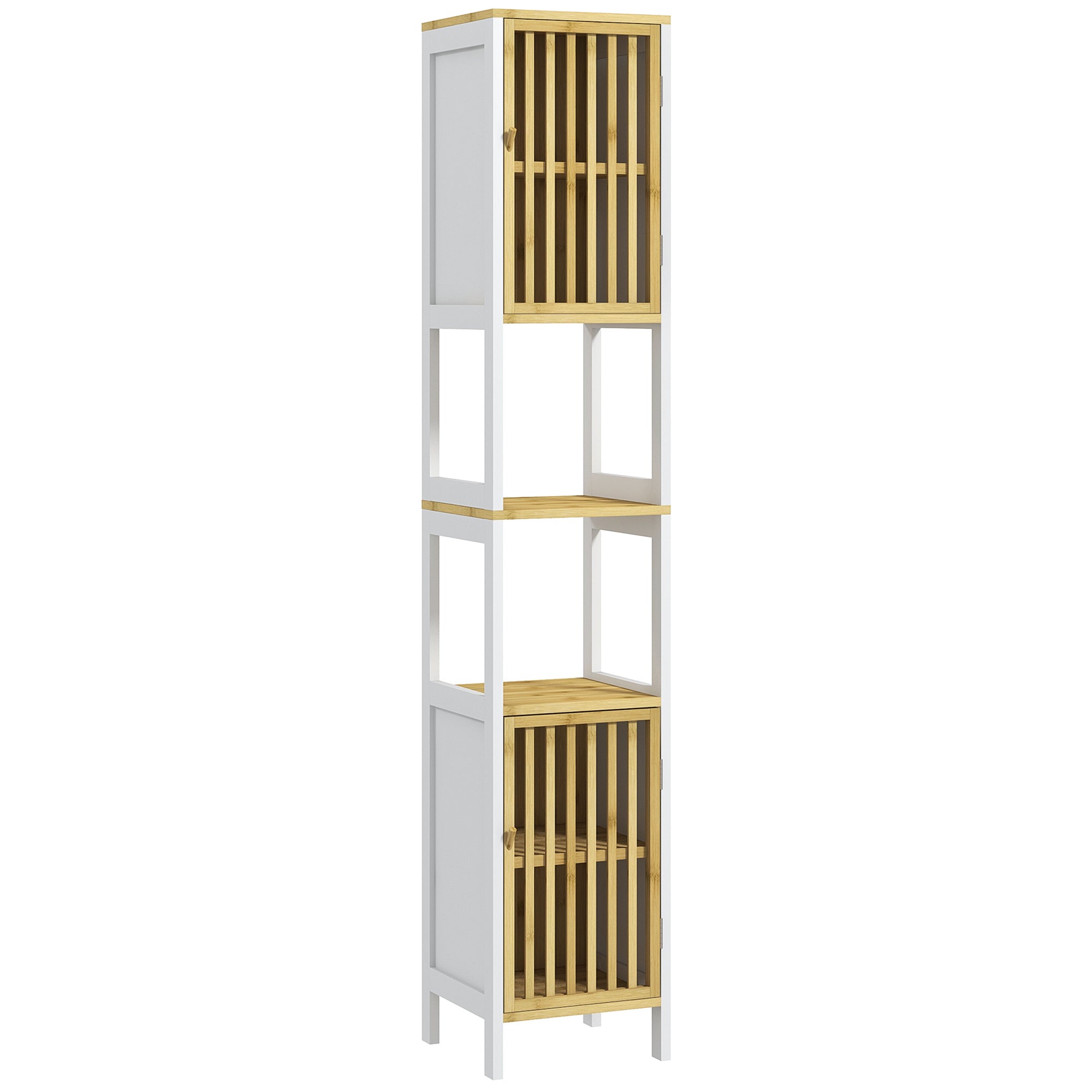 High Bathroom Cabinet Bathroom Column Auxiliary Bathroom Furniture with 2 Open Compartments 2 Grid Doors and Adjustable Shelves 32x30x172 cm White
