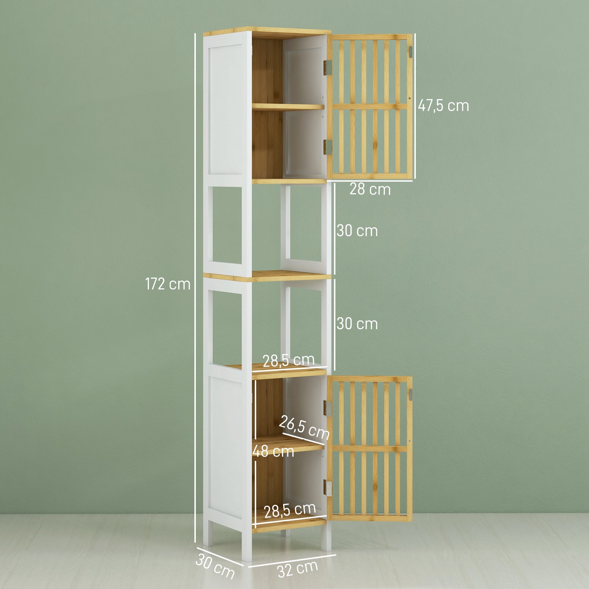 High Bathroom Cabinet Bathroom Column Auxiliary Bathroom Furniture with 2 Open Compartments 2 Grid Doors and Adjustable Shelves 32x30x172 cm White