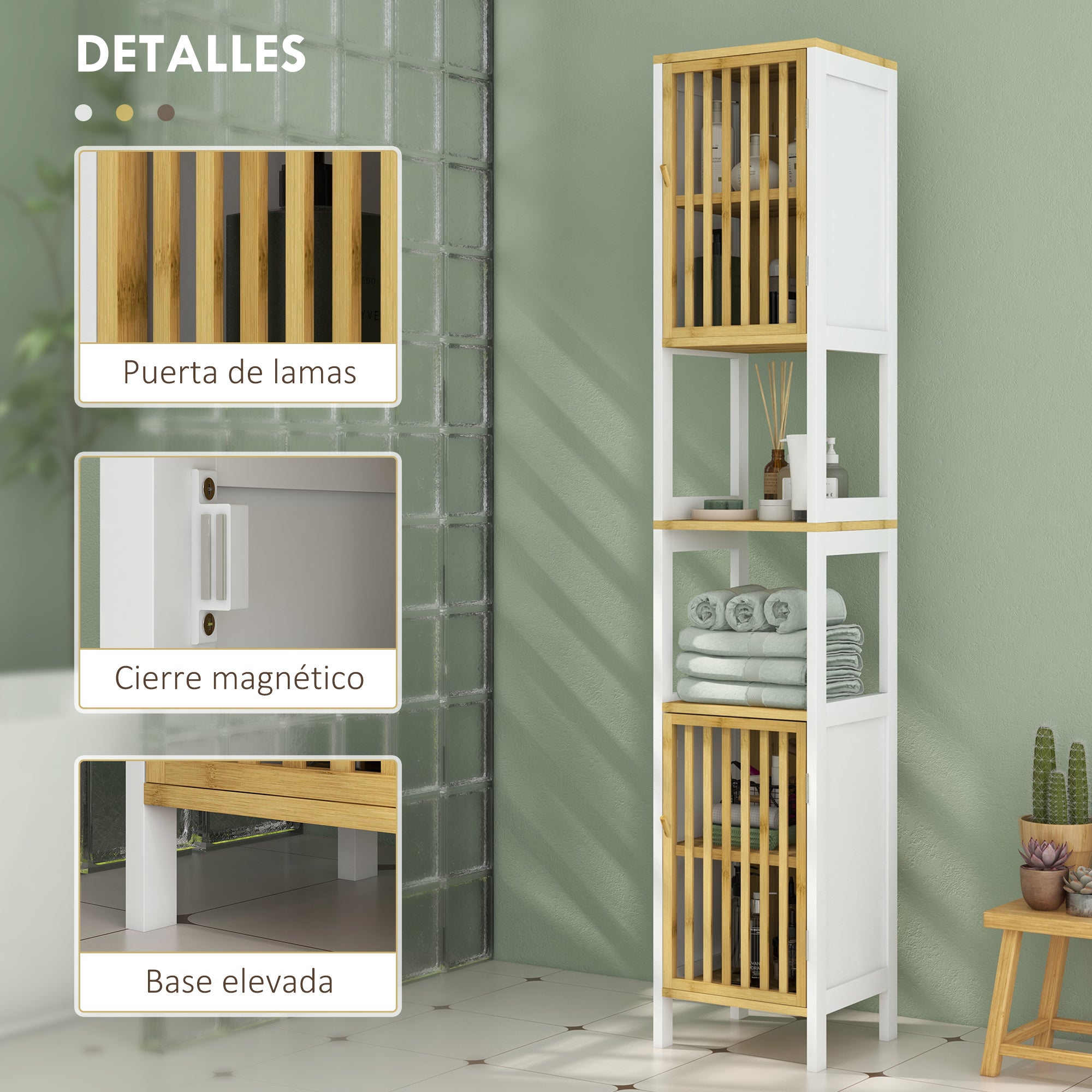 High Bathroom Cabinet Bathroom Column Auxiliary Bathroom Furniture with 2 Open Compartments 2 Grid Doors and Adjustable Shelves 32x30x172 cm White