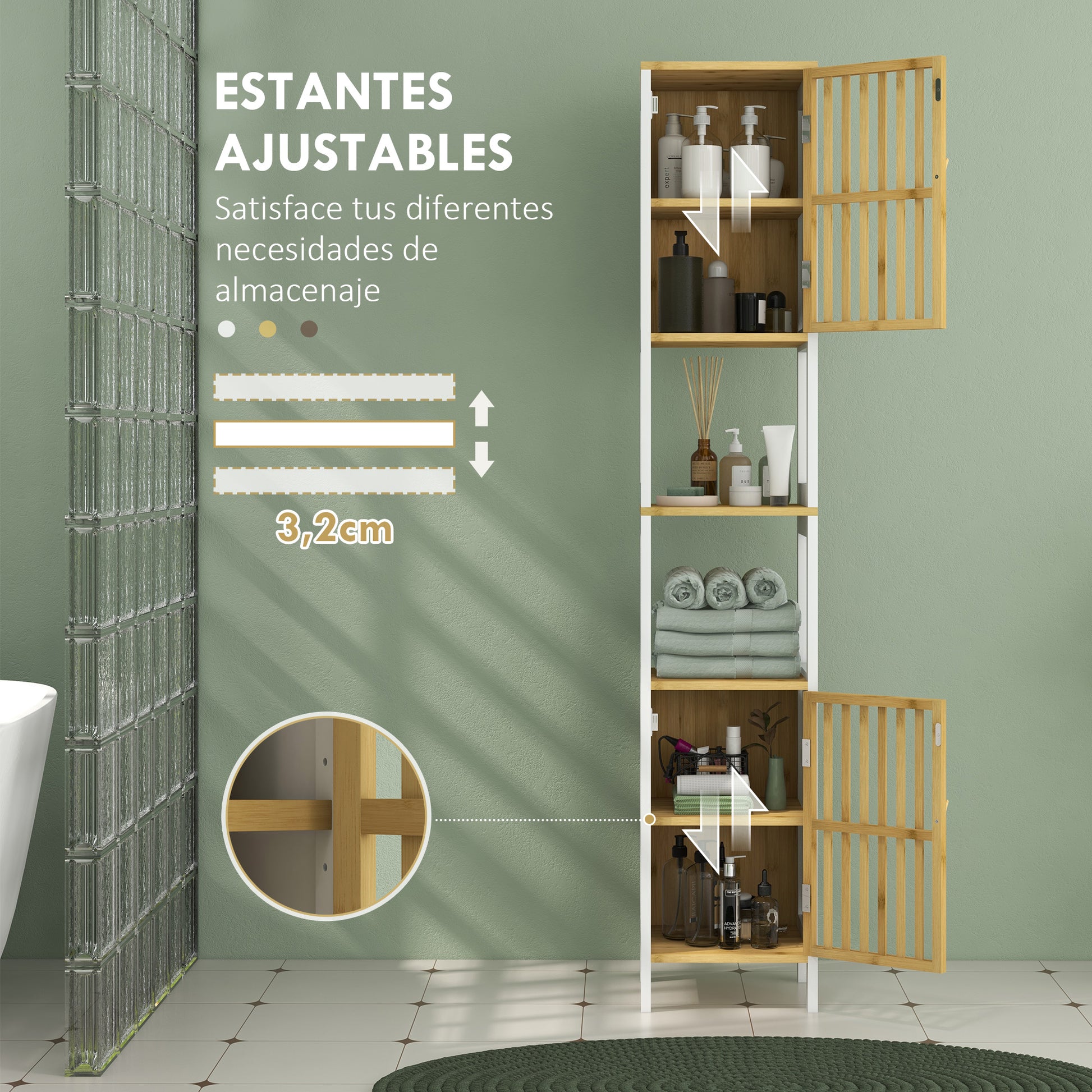 High Bathroom Cabinet Bathroom Column Auxiliary Bathroom Furniture with 2 Open Compartments 2 Grid Doors and Adjustable Shelves 32x30x172 cm White