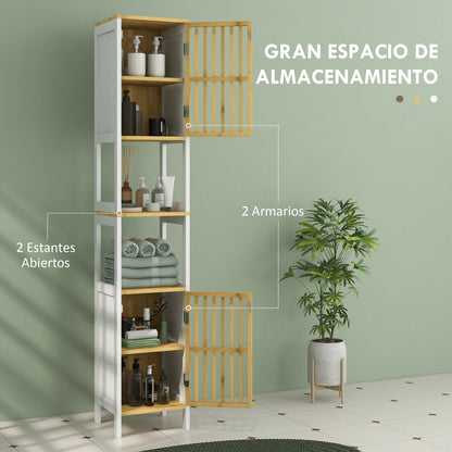 High Bathroom Cabinet Bathroom Column Auxiliary Bathroom Furniture with 2 Open Compartments 2 Grid Doors and Adjustable Shelves 32x30x172 cm White