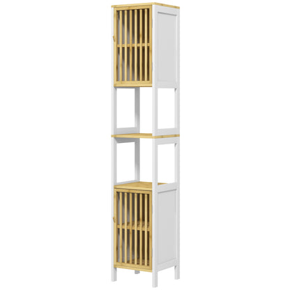 High Bathroom Cabinet Bathroom Column Auxiliary Bathroom Furniture with 2 Open Compartments 2 Grid Doors and Adjustable Shelves 32x30x172 cm White